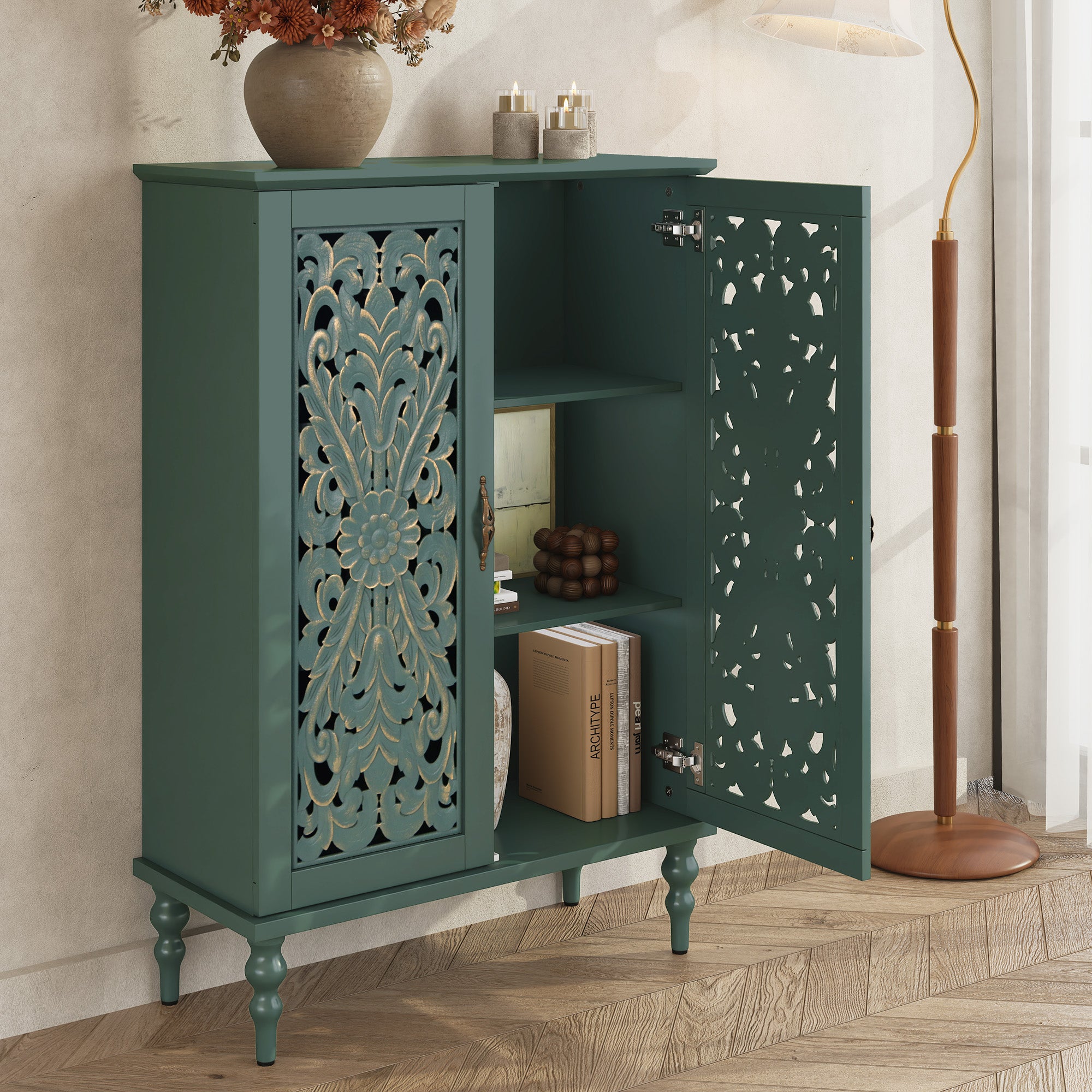 HLR Buffet Cabinet with Storage Accent Sideboard, Modern Hollow 2 Doors Credenza for Dining Room, Green
