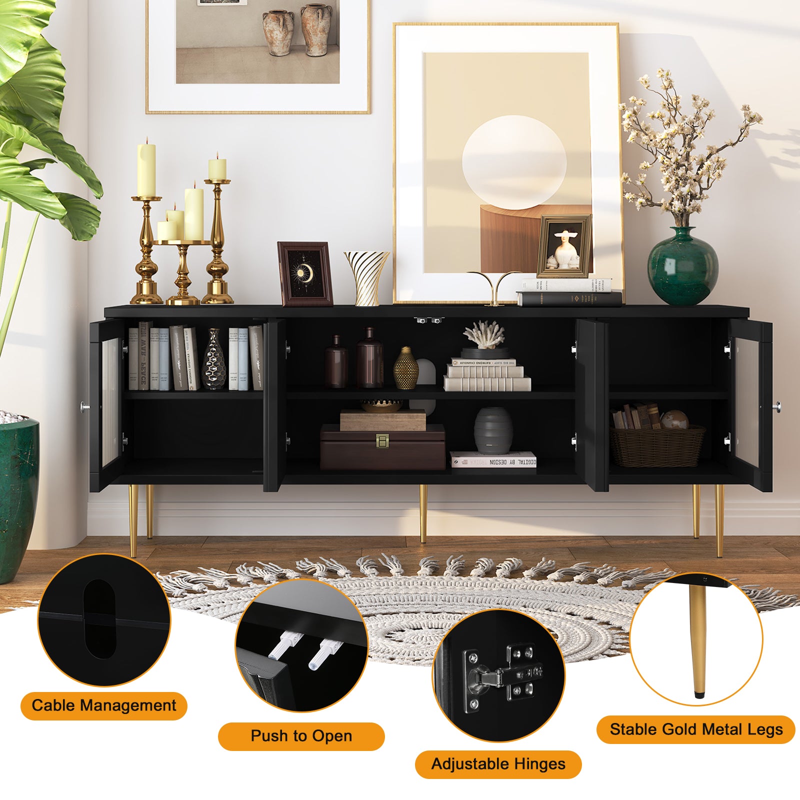 CBJCBJ Modern TV Stand for 70" TV, TV Console Cabinet with Storage, Entertainment Center for Living Room, Black