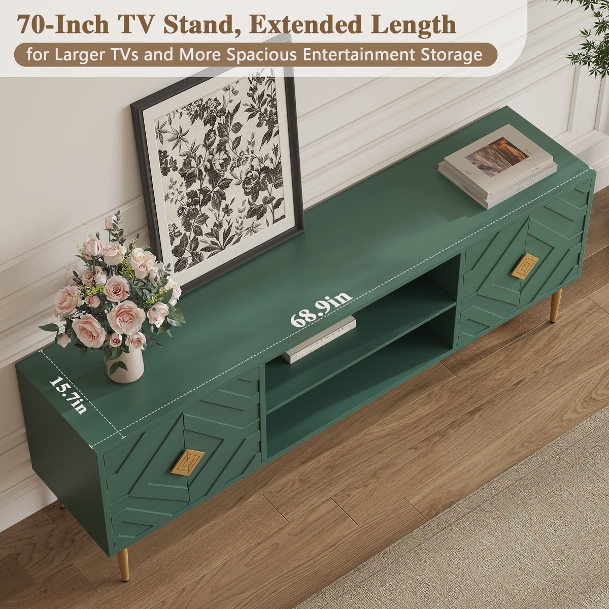 HLR Modern 70" TV Stand, for TVs up to 80", Living Room Entertainment Center with 4 Door Storage Cabinet, Green