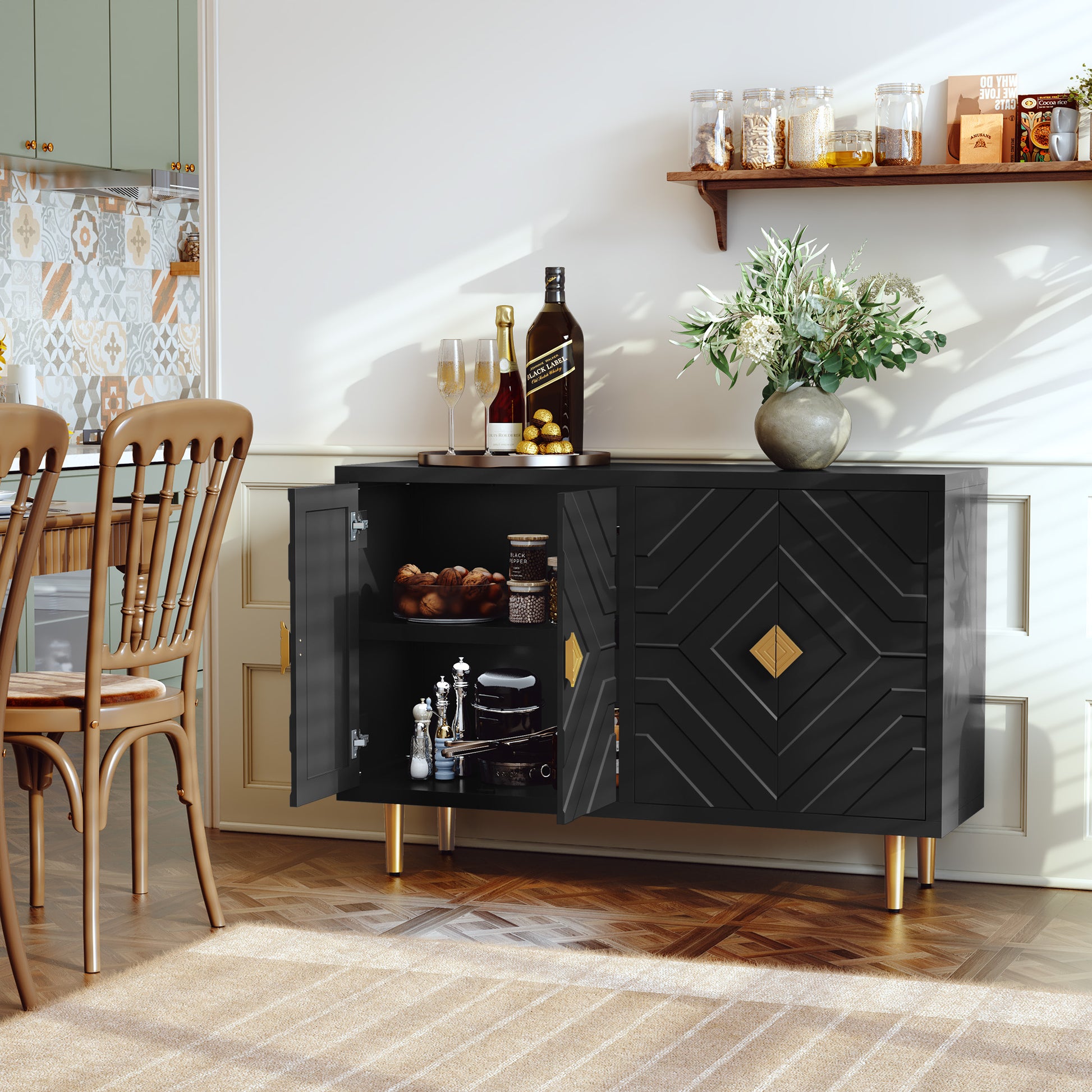 HLR Black 48" Modern Accent Sideboard Buffet Cabinet with 4 Doors Storage & Shelves for Kitchen
