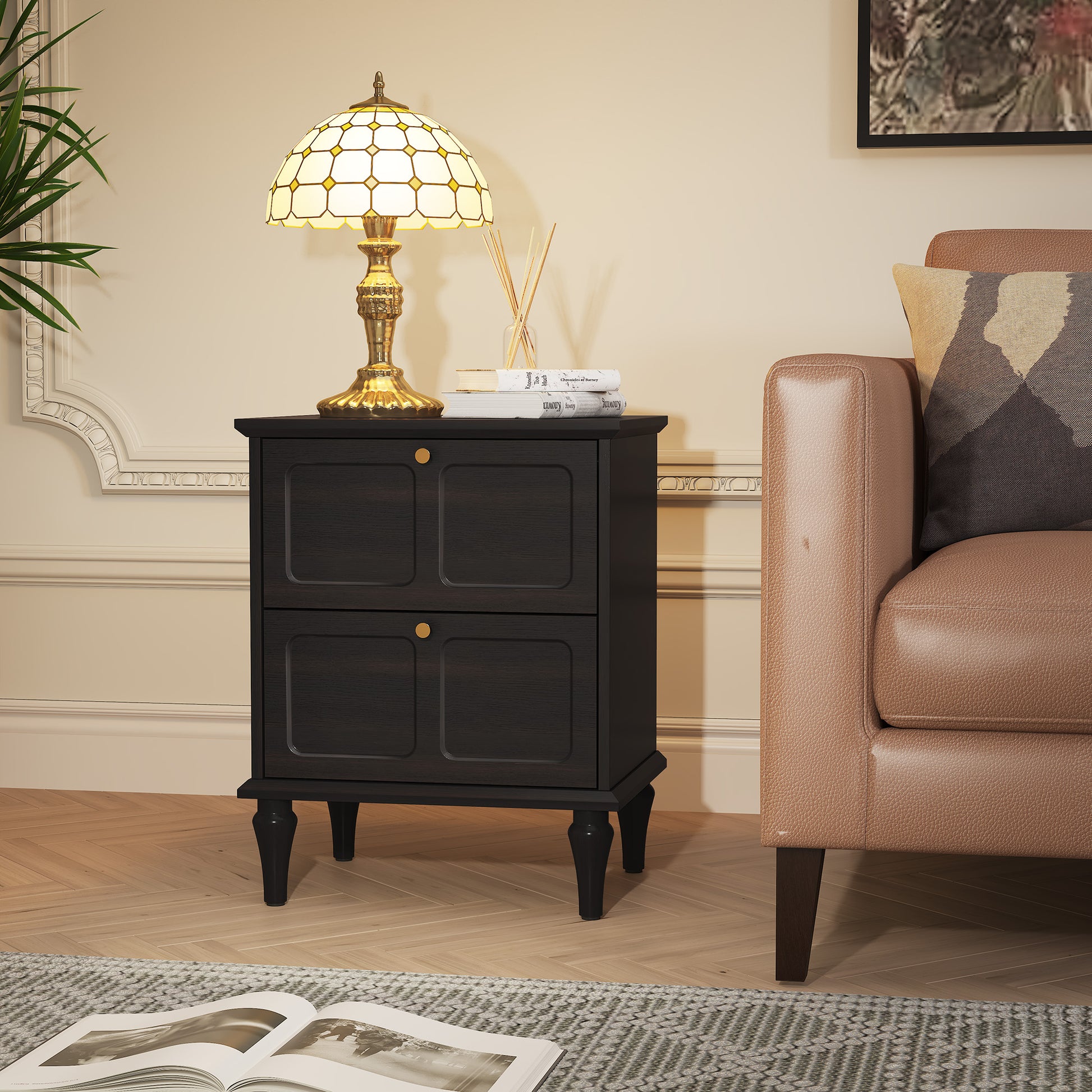 CBJCBJ21" Mid-Century Nightstands Set of Two, Featuring Two Storage Drawers with Metal Handles, Black