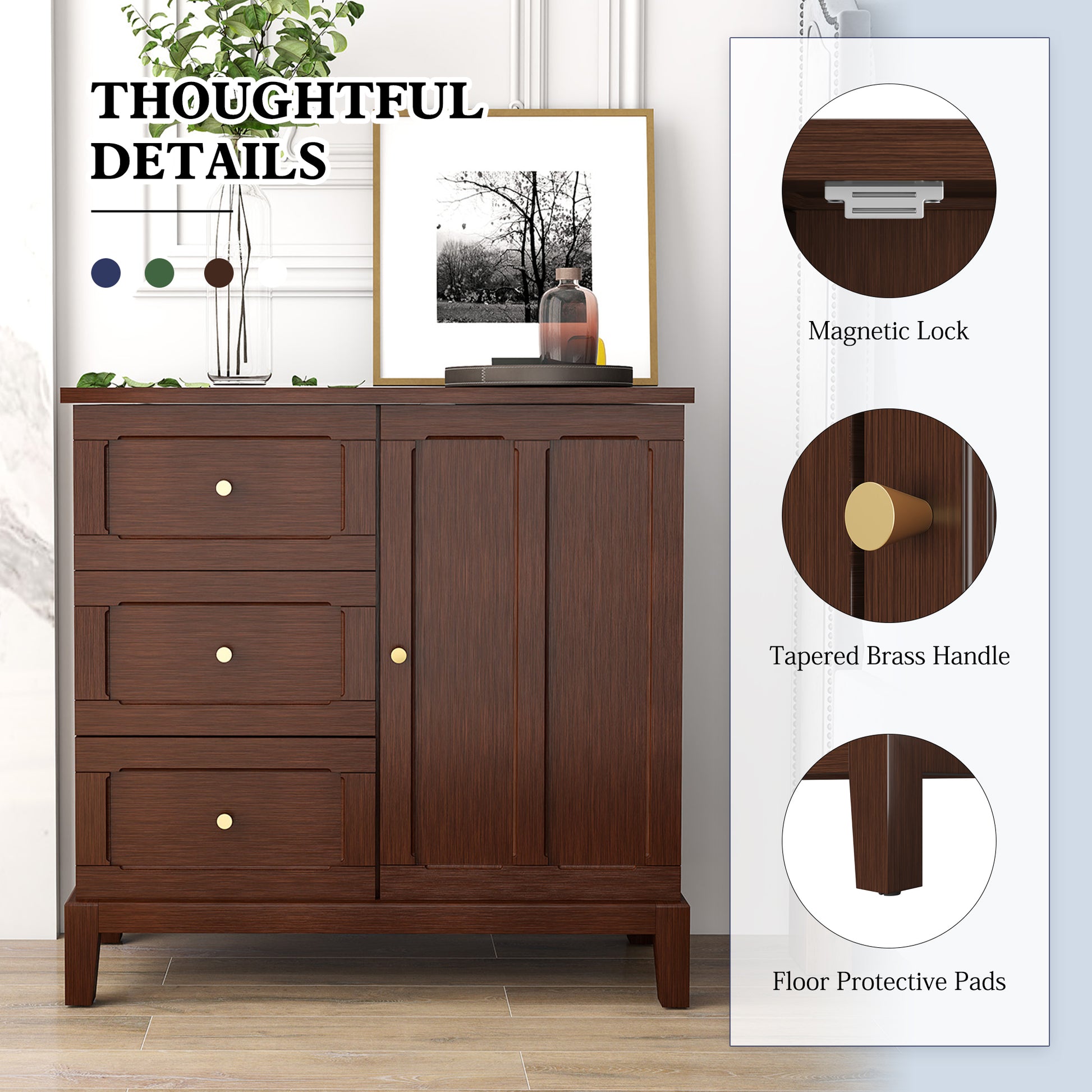 CBJCBJ 31.7"Storage Cabinet, Classical 3 Drawers & 1 Door Design with Gold-Tone Handles, Multi-Use Organizer for Living Room, Kitchen, Bathroom（Brown)