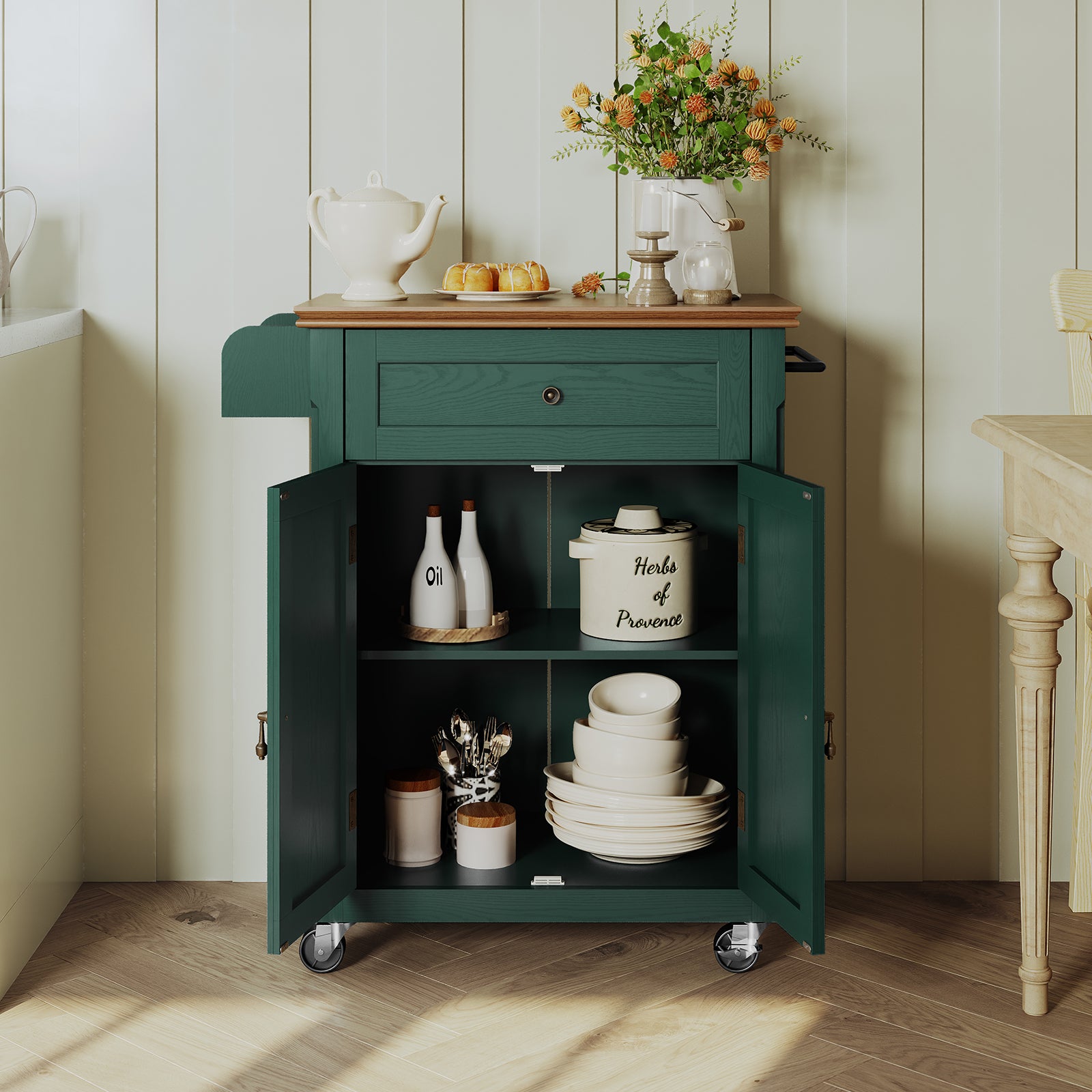 CBJCBJ Kitchen Islands Cart on Wheels with Storage, Wood Microwave Table with Drawers and Spice Box , for Dining Room,Green