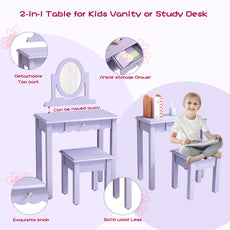 CBJCBJ Kids Vanity Set with Mirror and Stool（Detachable Top）, Wooden 2 in 1 Princess Makeup Desk Dressing Table