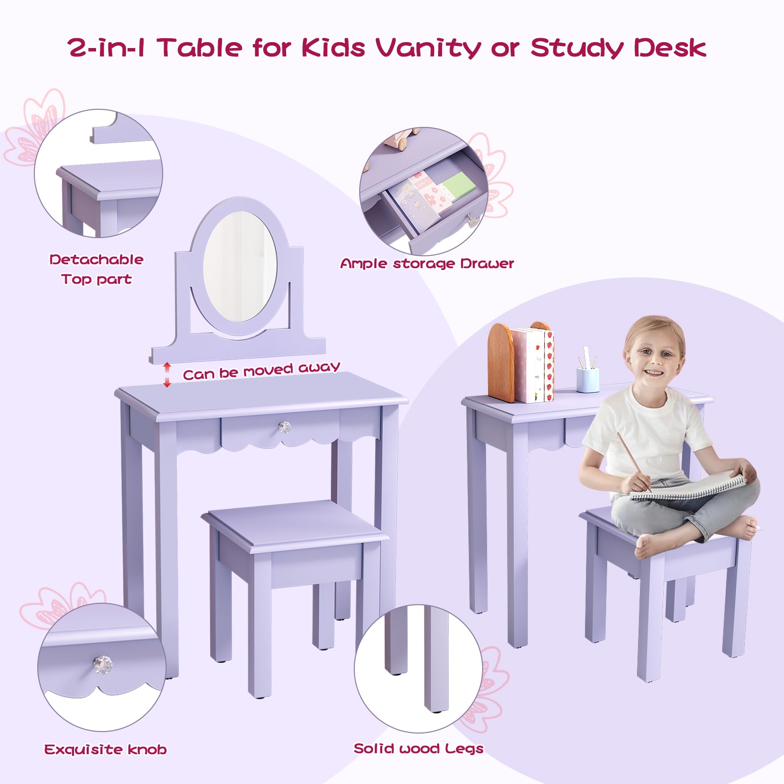CBJCBJ Kids Vanity Set with Mirror and Stool（Detachable Top）, Wooden 2 in 1 Princess Makeup Desk Dressing Table