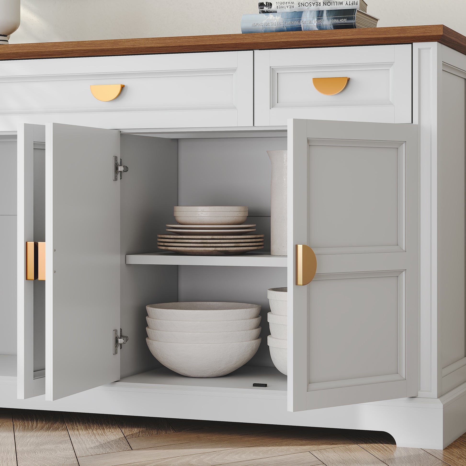 CBJCBJ Modern 60" Large Sideboard Storage Cabinet with Drawers, Farmhouse Wooden Coffee Bar, White