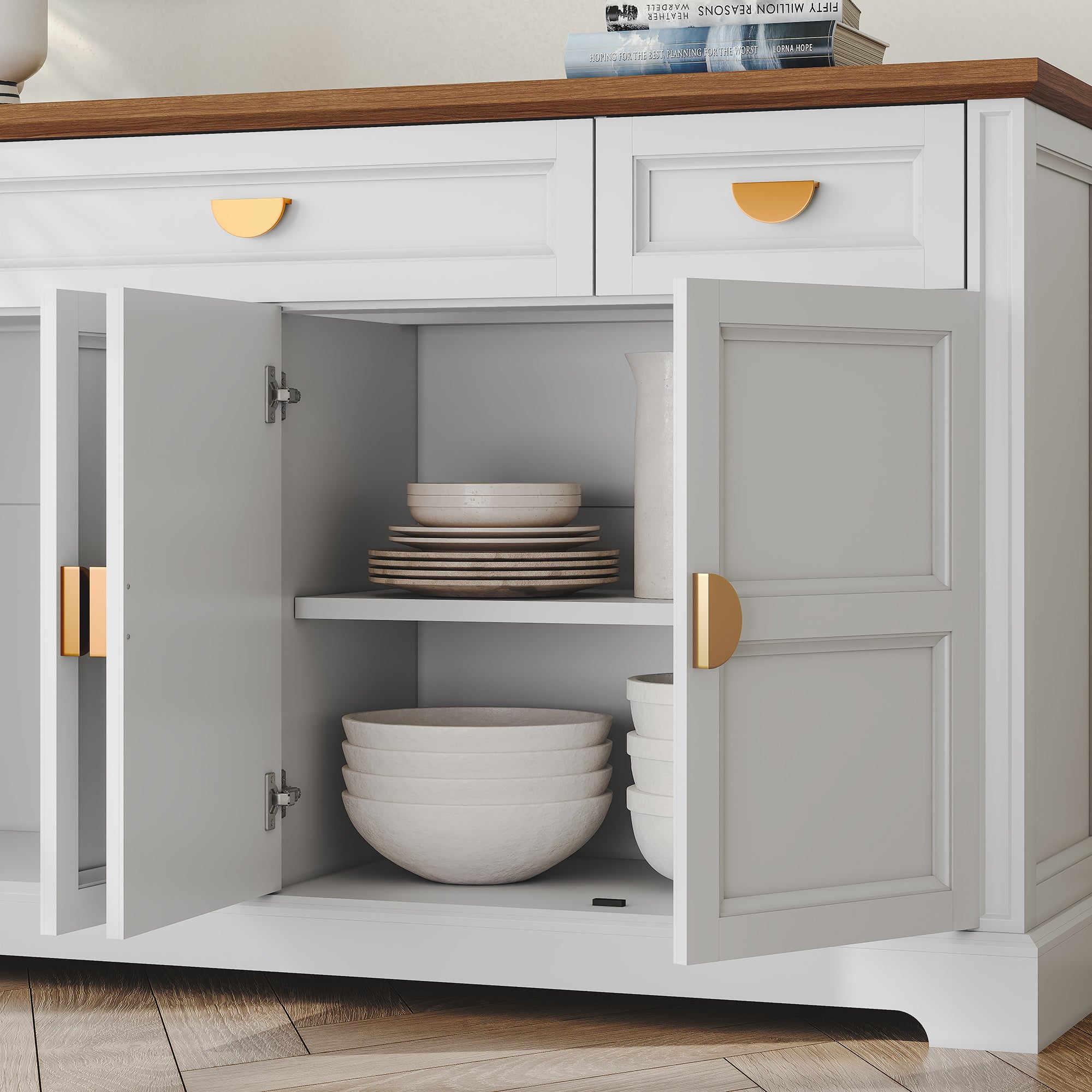 CBJCBJ Modern 60" Large Sideboard Storage Cabinet with Drawers, Farmhouse Wooden Coffee Bar, White