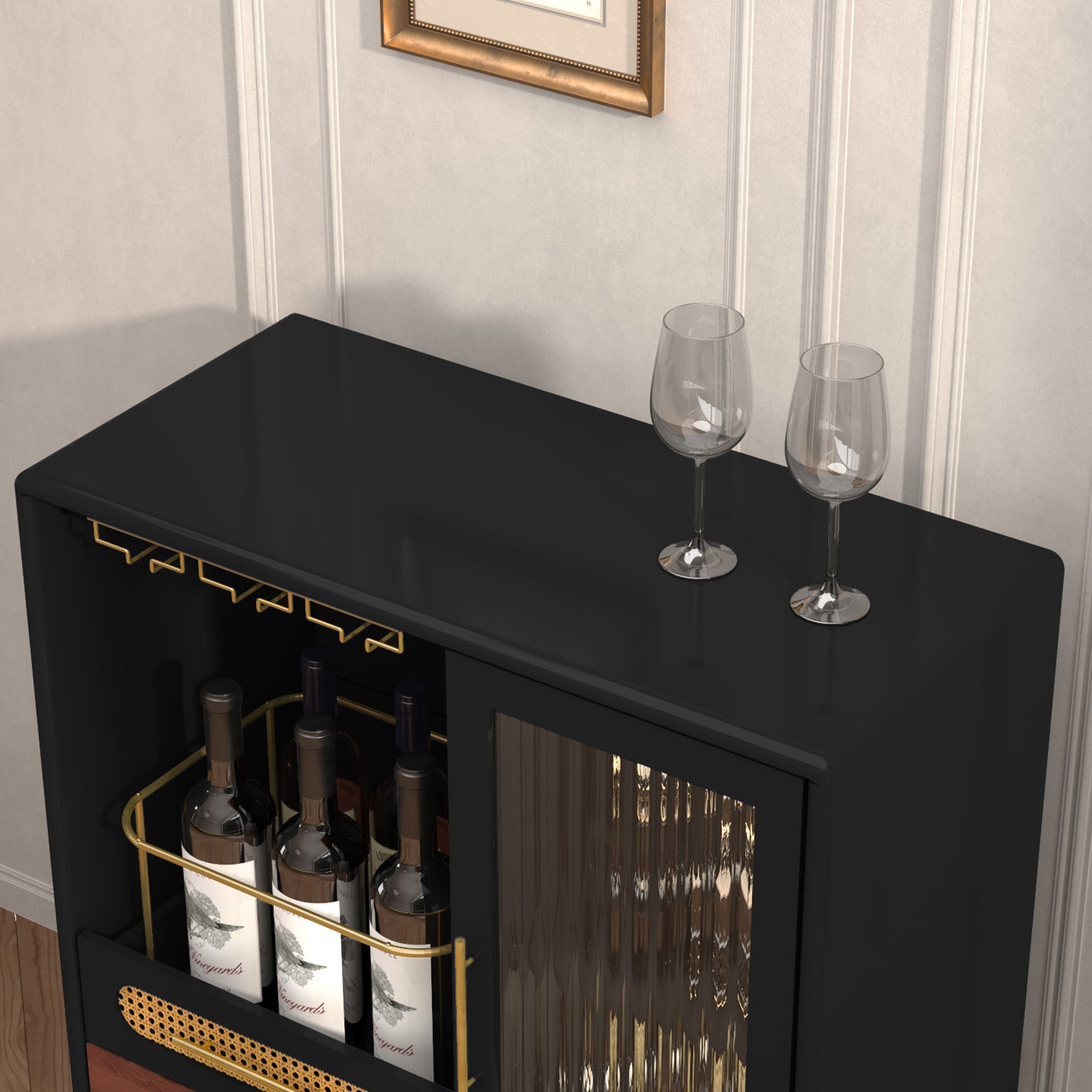 HLR 31.5"W Modern Wine Storage Cabinet with Pull-Out Rack & Tempered Glass Doors – Compact Coffee Bar for Kitchen, Dining Room, Apartmen, Black