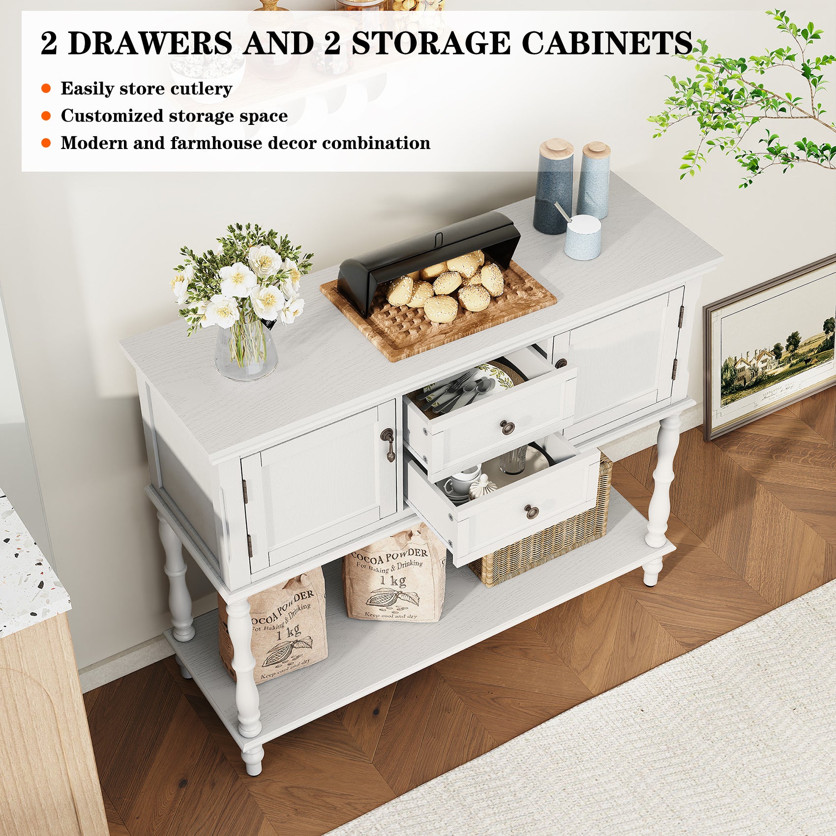CBJCBJ 42" Farmhouse Console Table , 2 Drawer Narrow Long Entryway Table with Open Storage Shelf , for Living Room, White