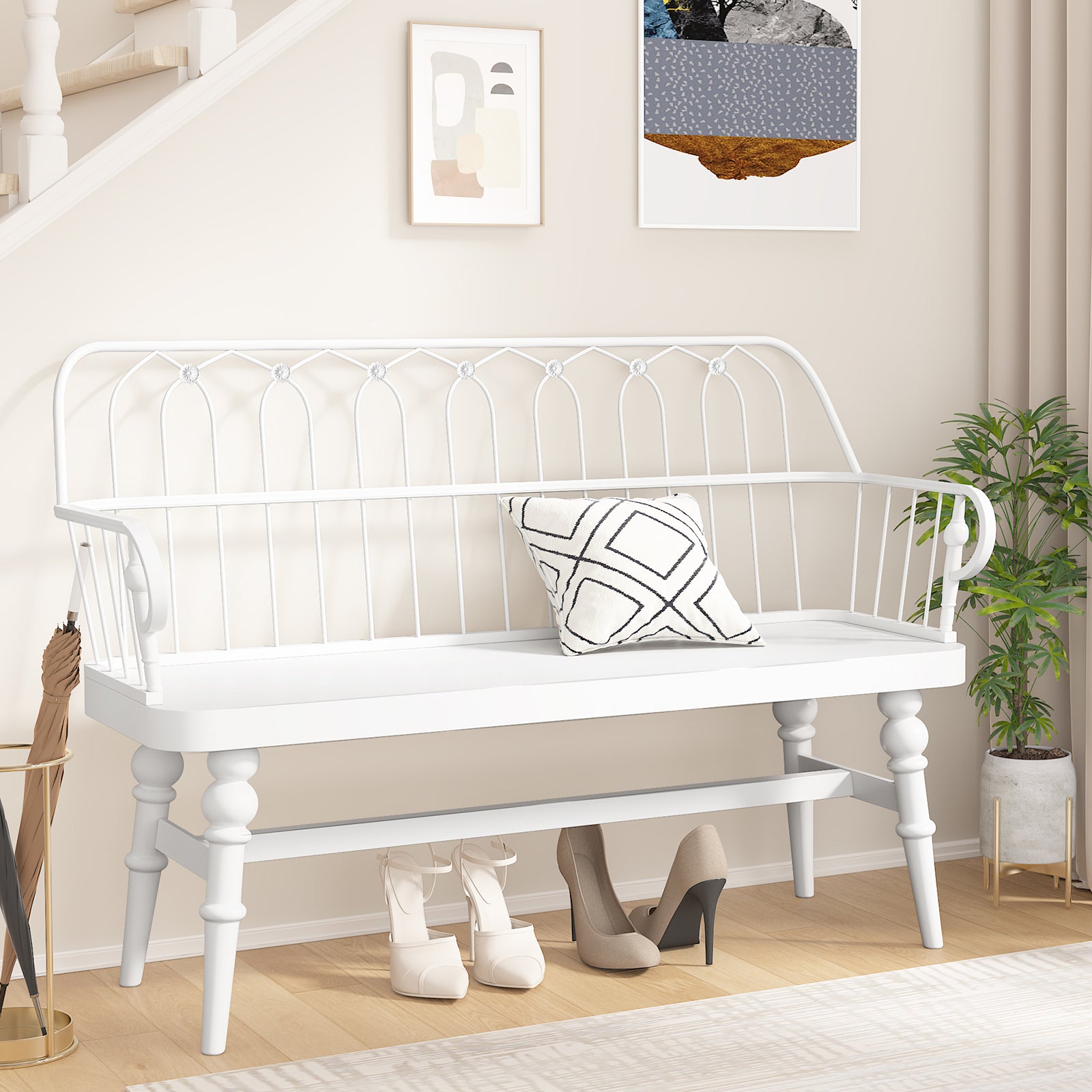 HLR Farmhouse Entryway Bench, Spindle Back Support Wood Dining Benches for Living Room, Mudroom, White