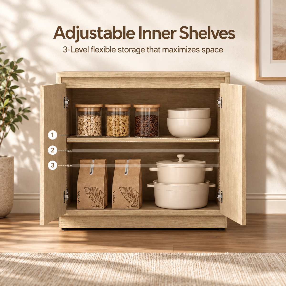 HLR 31.5'' Sideboard Buffet Cabinet, Mid-Century Wood Accent Cabinet with 2 Doors Storage for Living, Beige