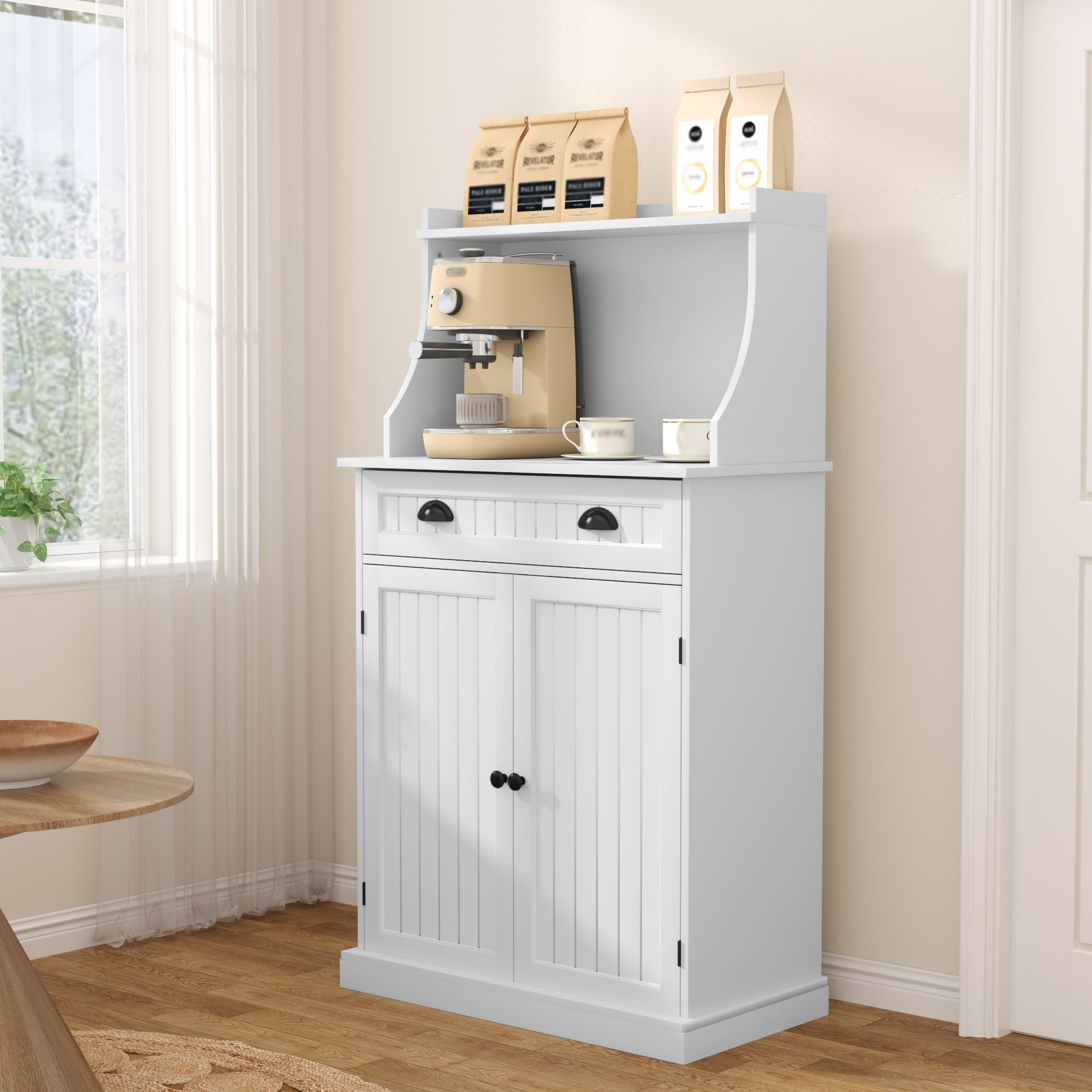 HLR Farmhouse Kitchen Pantry Cabinet with Microwave Stand, 54" Coffee Bar Storage Cabinet, White