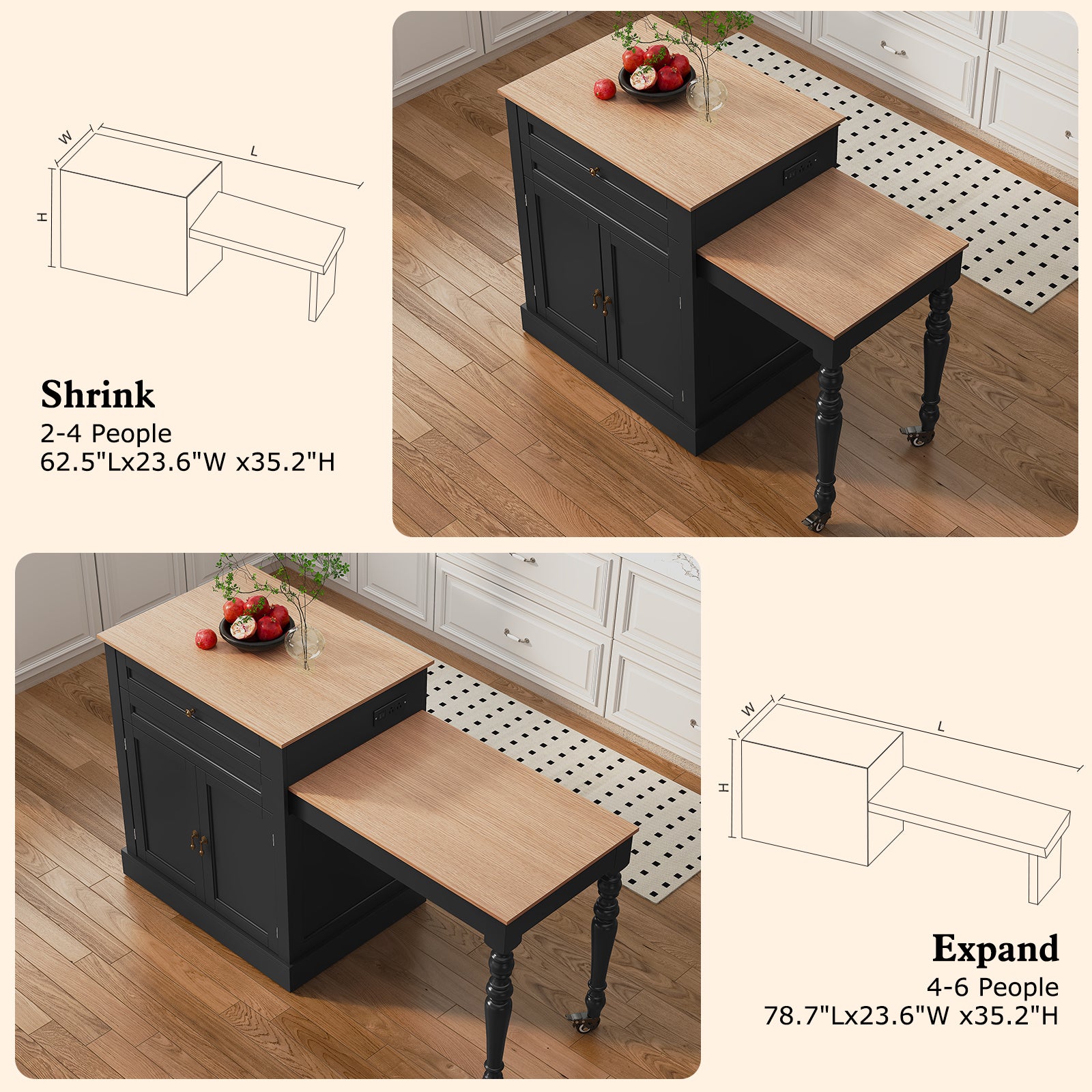 CBJCBJ Modern Extendable Kitchen Islands on Wheels with Power Outlet, Dining Table Cart with 2 Doors Storage