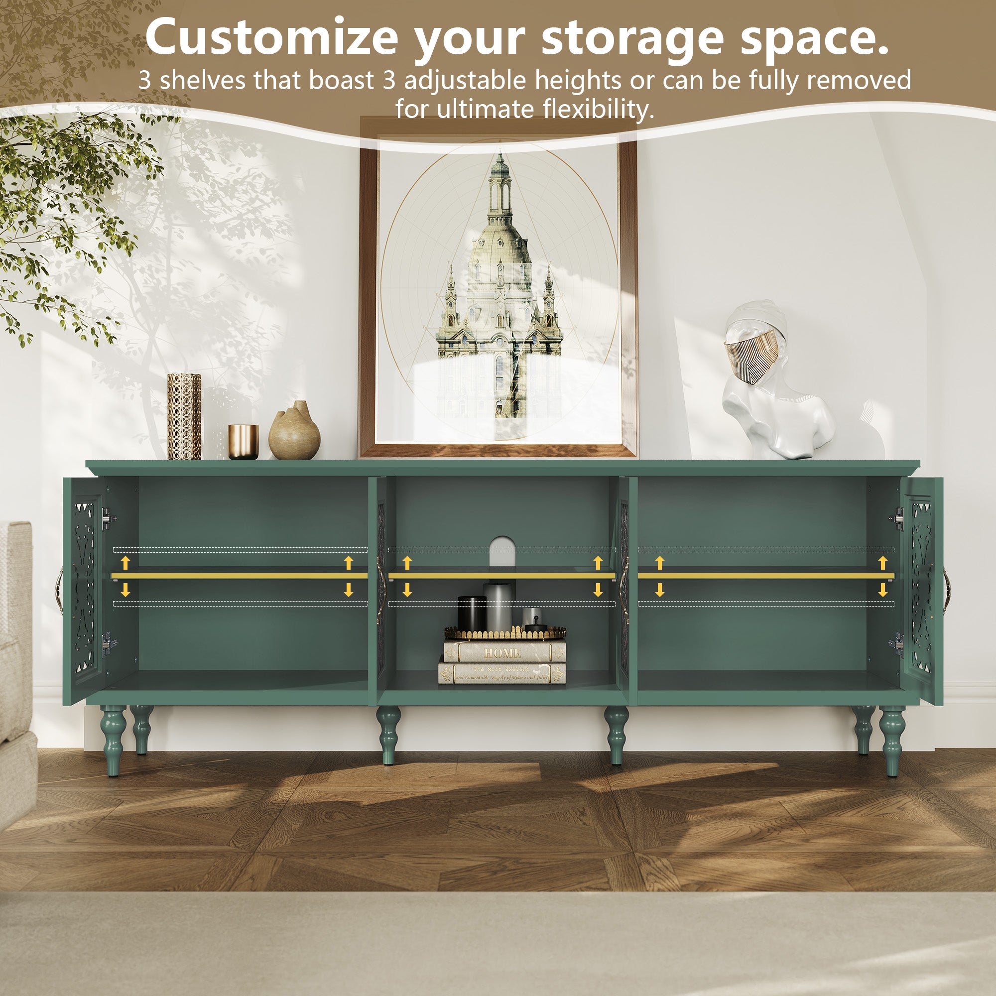CBJ CBJ Modern Retro 67" TV Stand for TVs up to 75", Living Room Entertainment Center with 4 Door Storage Cabinet,Green