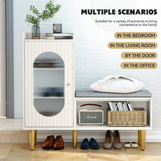 CBJCBJ Modern Storage Bench with Glass Door & Shelf - L-Shaped Entryway Cabinet, Padded Seat for Hallway/Bedroom/Office, White