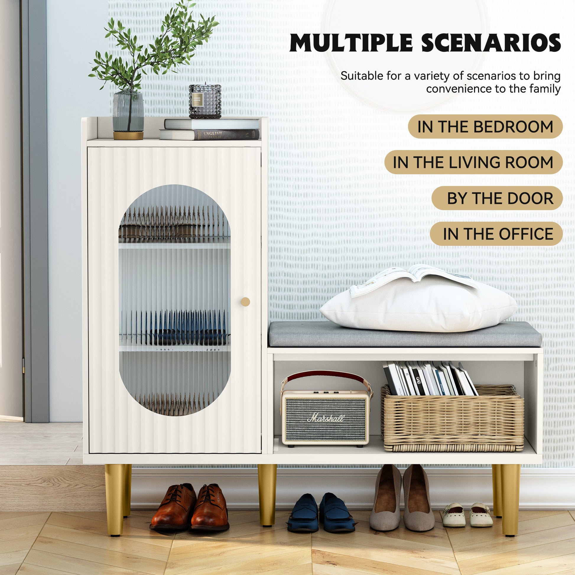 CBJCBJ Modern Storage Bench with Glass Door & Shelf - L-Shaped Entryway Cabinet, Padded Seat for Hallway/Bedroom/Office, White