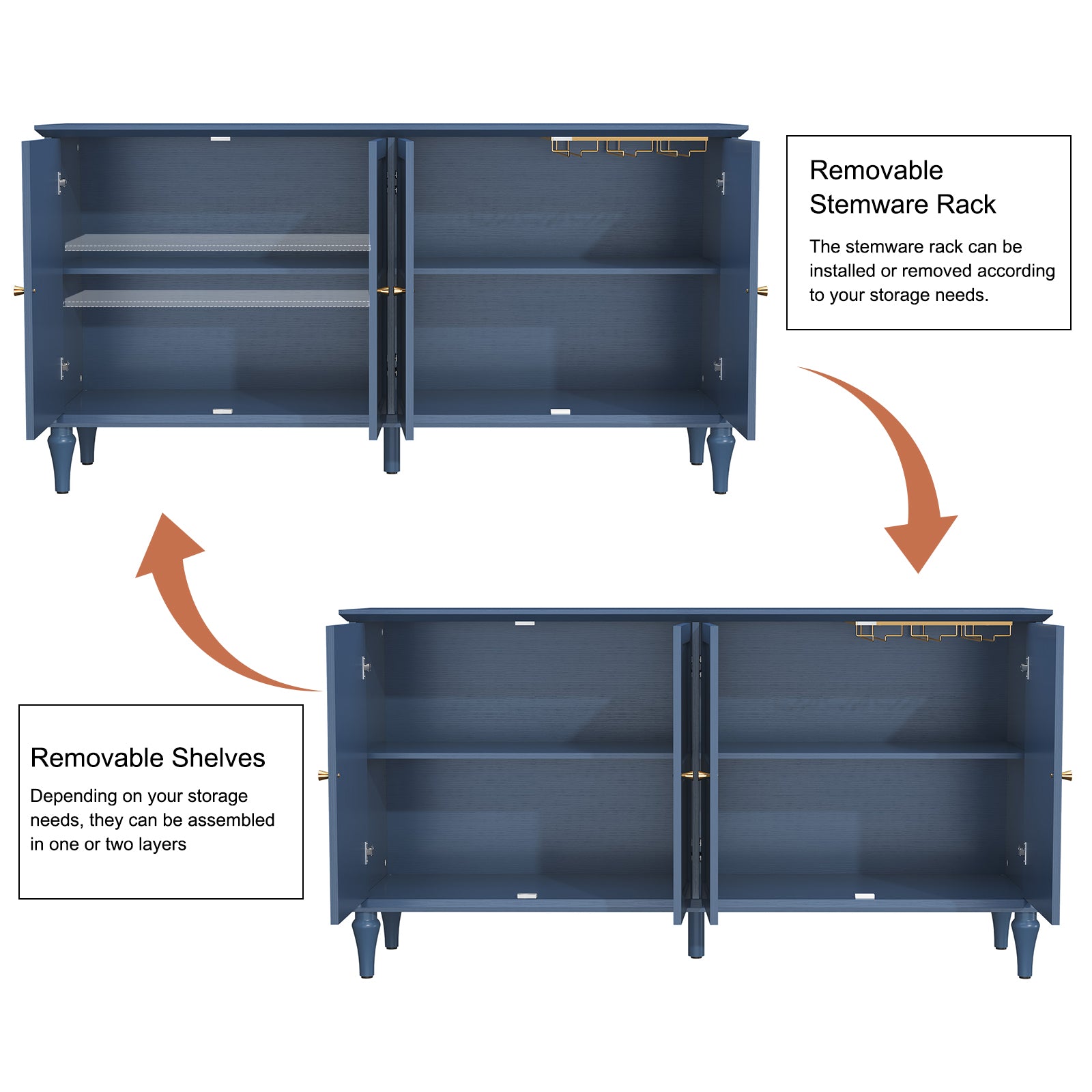 HLR Mid Century 58" Wood 4 Door Sideboard Buffet Cabinet with Storage for Living Dining (Navy Blue)