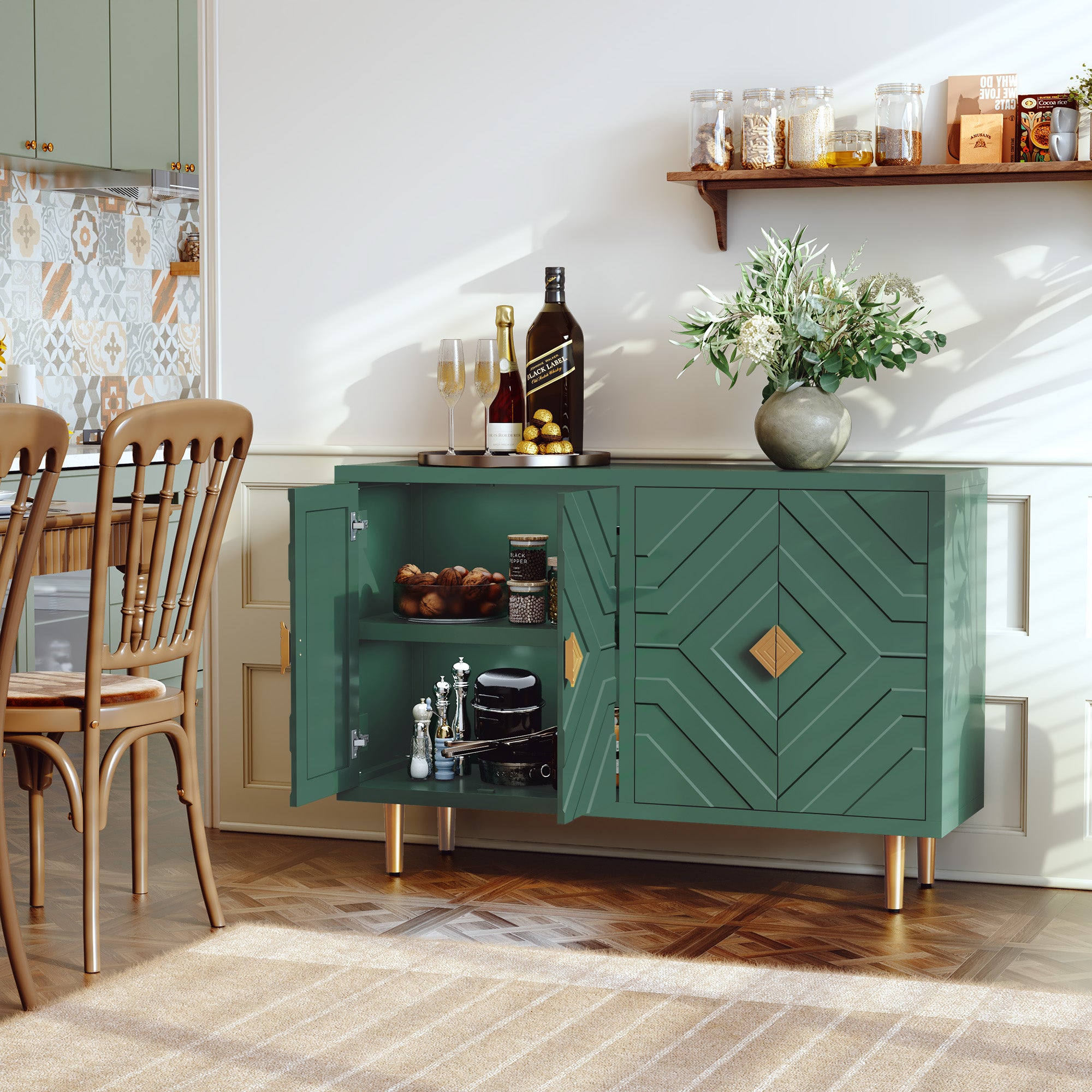 CBJCBJ 48" Modern Accent Sideboard Buffet Cabinet with 4 Doors & Shelves, Credenza for Living Room Storage,Green