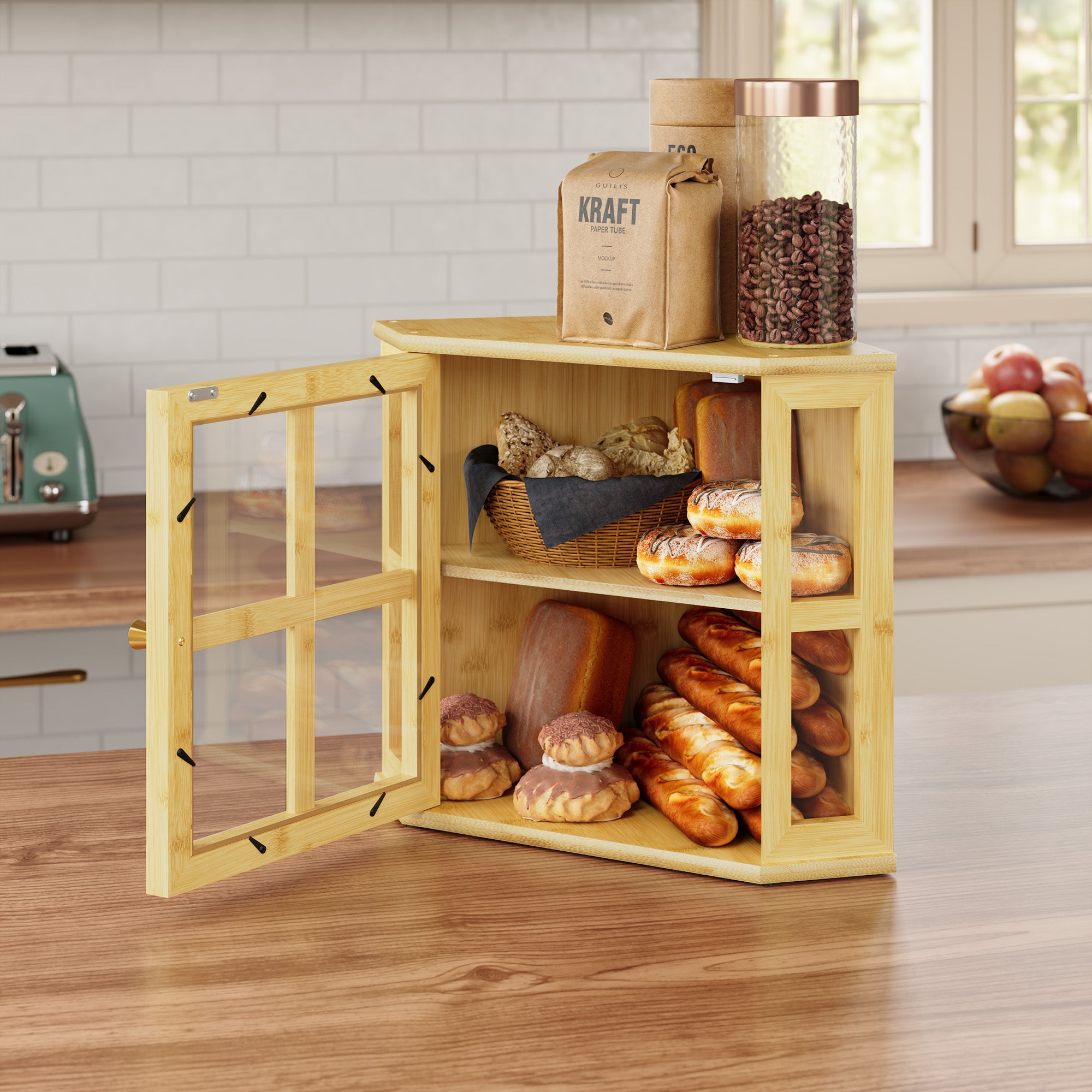 HLR Double Layer Bamboo Bread Box for Kitchen Counter, Large Capacity Bread Storage Bin with Acrylic Door,Brown