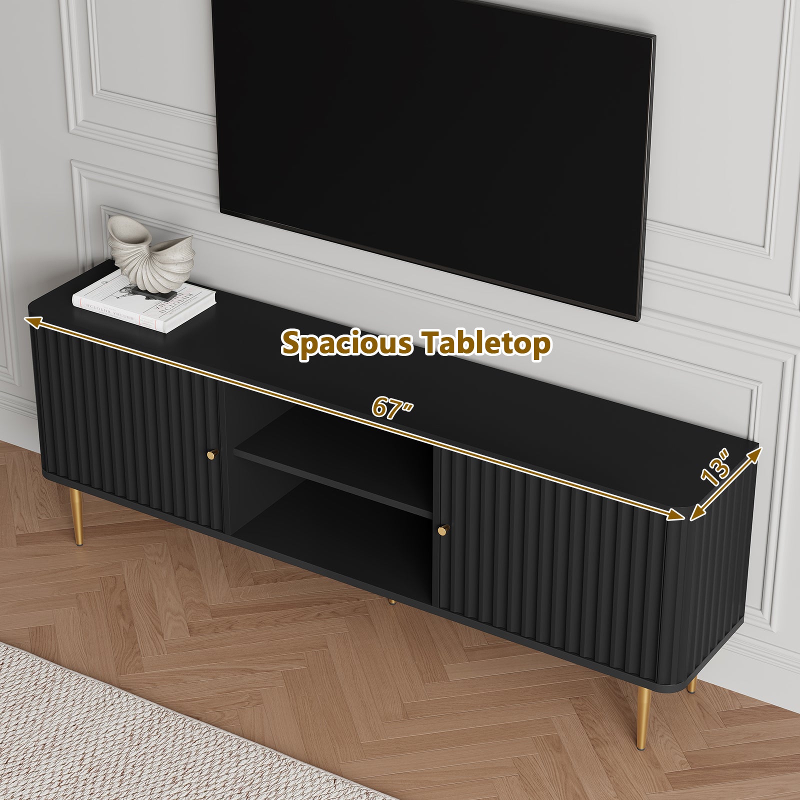 CBJCBJ Modern Fluted 67" TV Stand for 75" TV with Storage, Entertainment Center for Living Room,Black