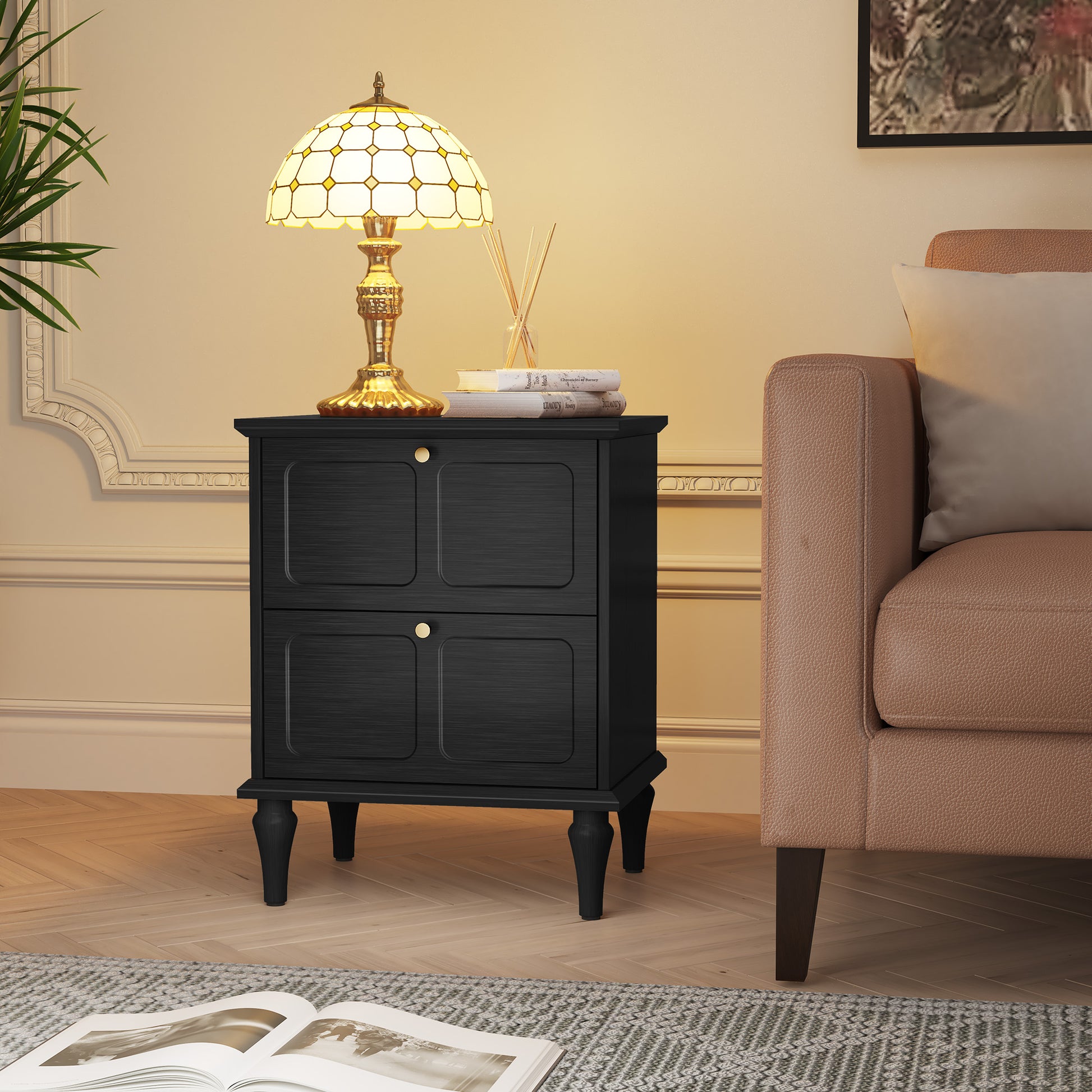 HLR 20" Mid Century Nightstands Set of 2 with Drawers, Wood Bedside Table End Table for Bedroom, Black