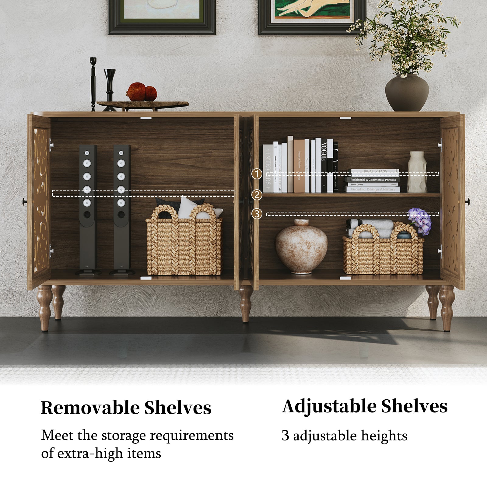 HLR 63" Mid Century Rounded Corners Sideboards Buffets Cabinet with 4 Doors Storage for Kitchen Dining, Brown