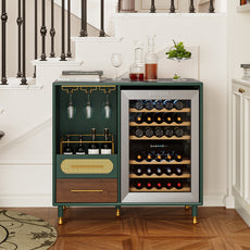 HLR Modern Coffee Bar Cabinet with Mini Fridge Space and Rattan Drawer for Dining Room, Green