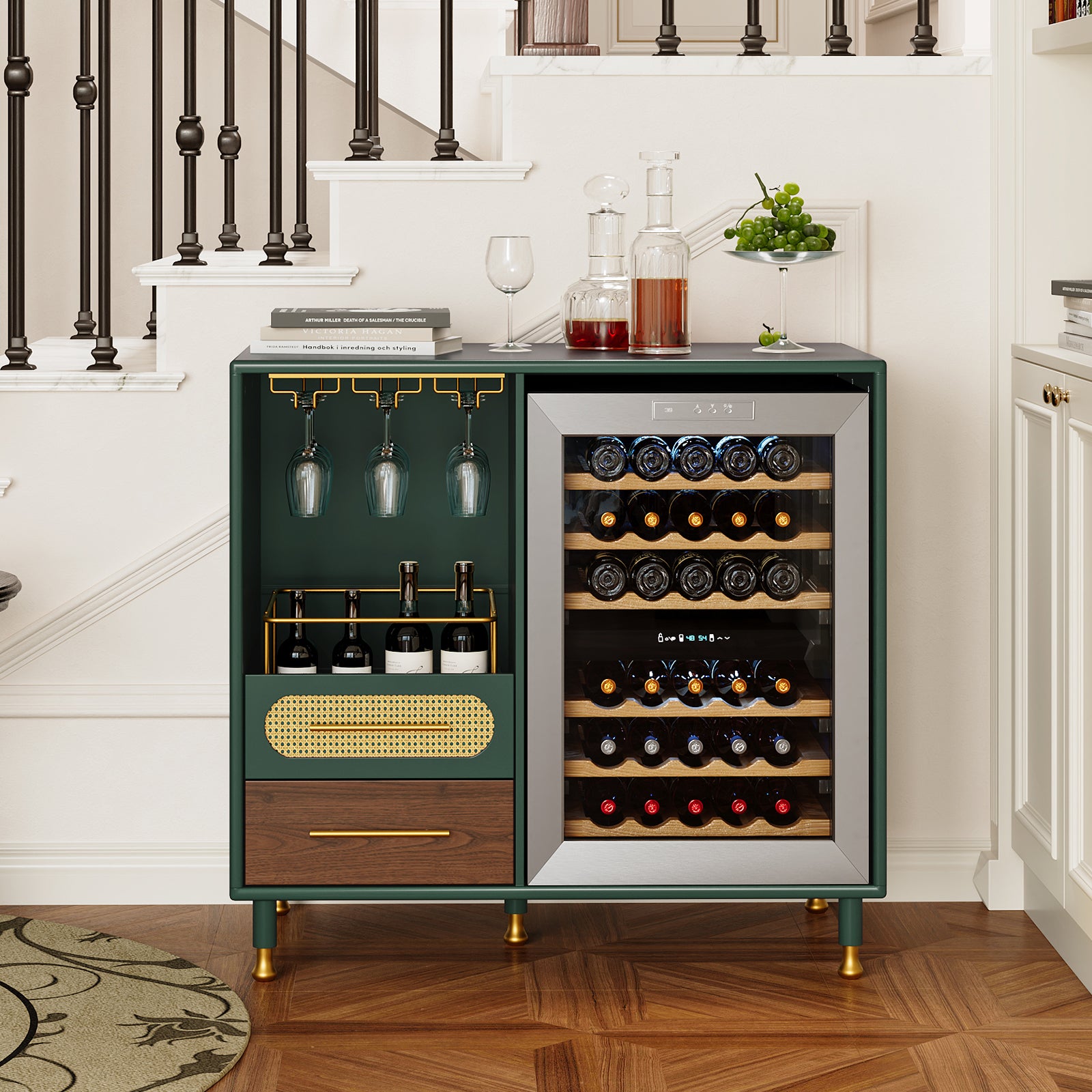 HLR Modern Coffee Bar Cabinet with Mini Fridge Space and Rattan Drawer for Dining Room, Green