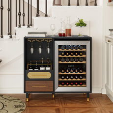 HLR Modern Coffee Bar Cabinet with Space for Mini Fridge and Rattan Drawer, Black