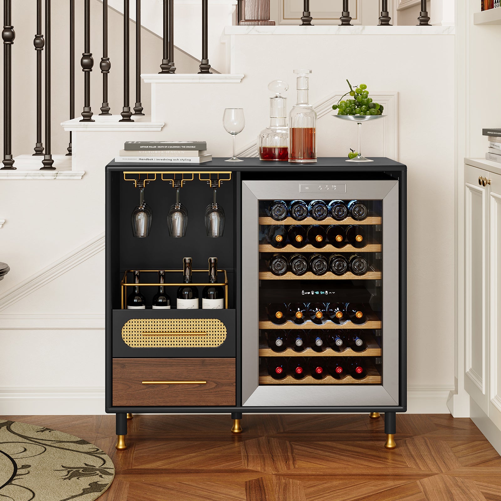 HLR Modern Coffee Bar Cabinet with Space for Mini Fridge and Rattan Drawer, Black