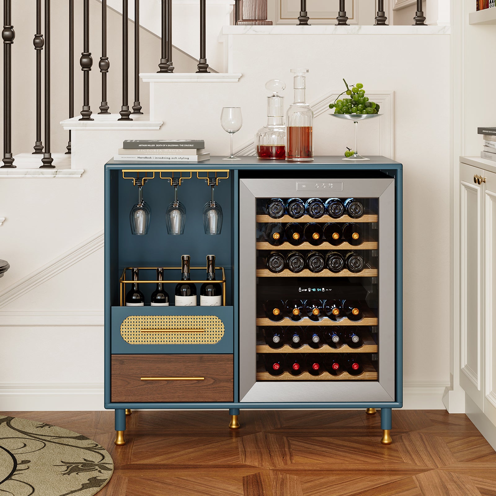 HLR Modern Coffee Bar Cabinet with Space for Mini Fridge and Rattan Drawer, Blue