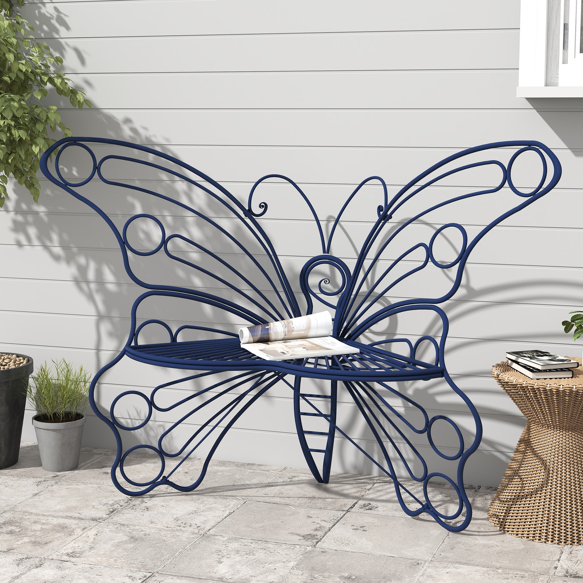 CBJCBJ 50" Weatherproof Outdoor Patio Bench，Metal Butterfly Design for Garden and Lawn Porch， Navy