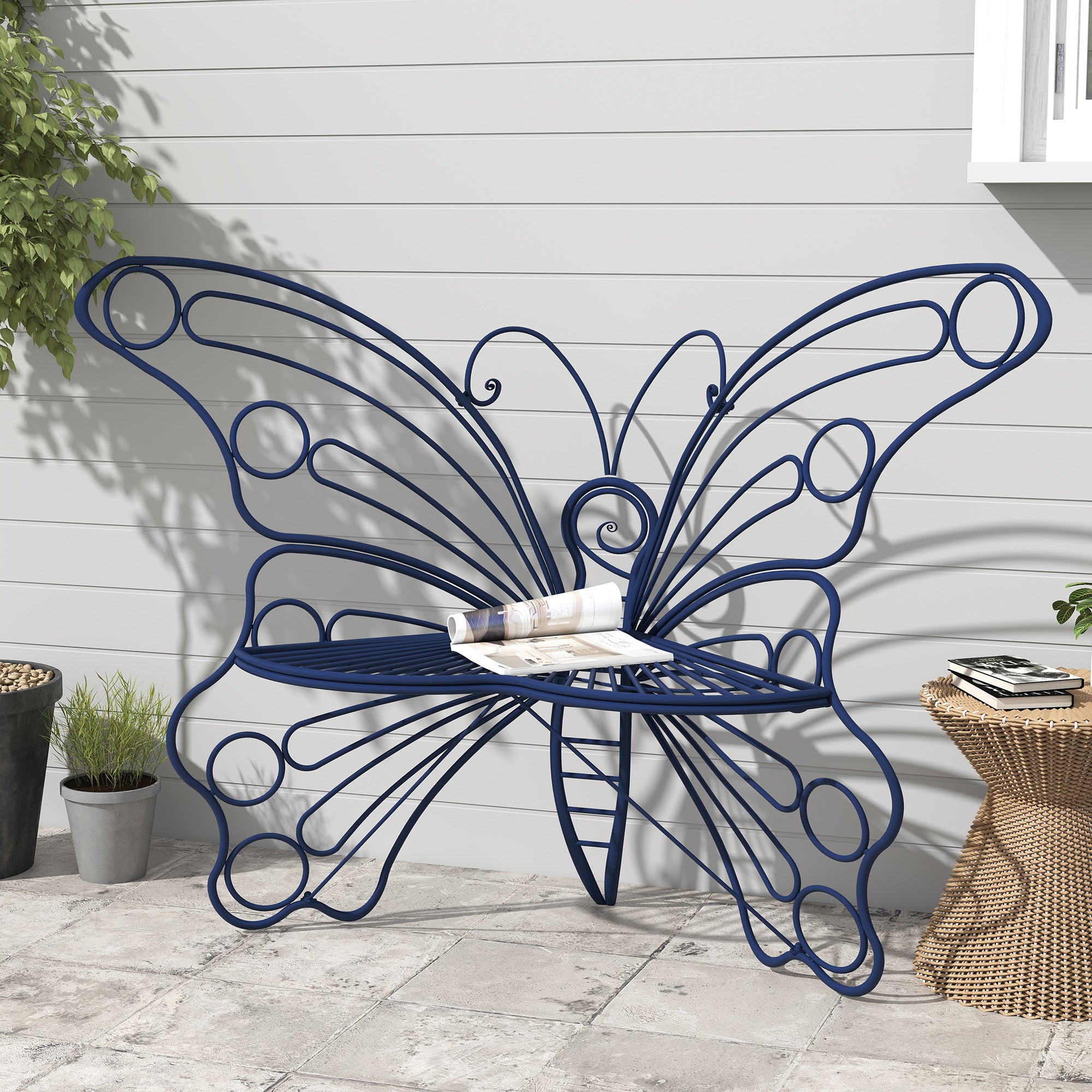 CBJCBJ 50" Weatherproof Outdoor Patio Bench，Metal Butterfly Design for Garden and Lawn Porch， Navy
