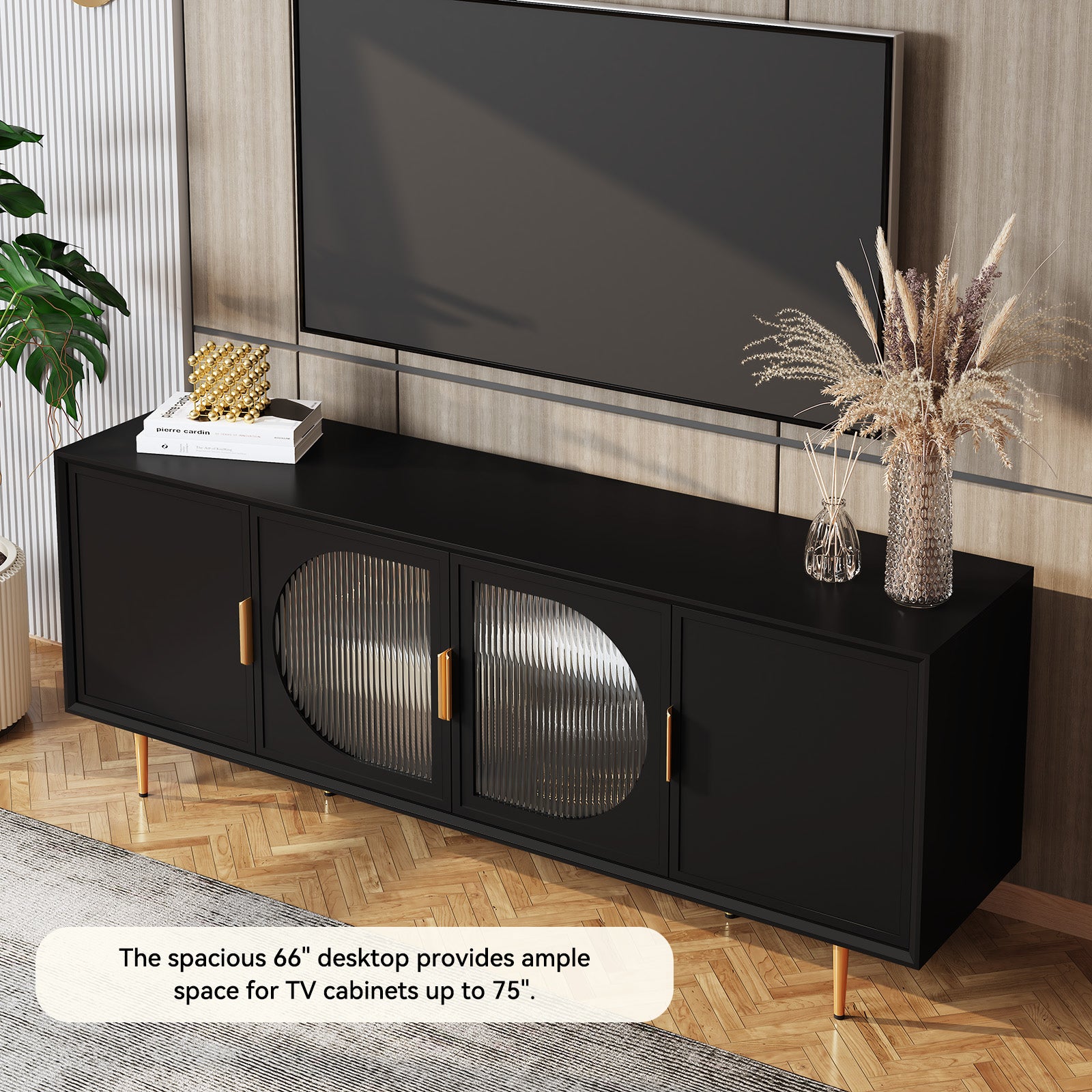 HLR Modern 66" TV Stand, for TVs up to 75", Living Room Entertainment Center with Glass Storage Cabinet, Black
