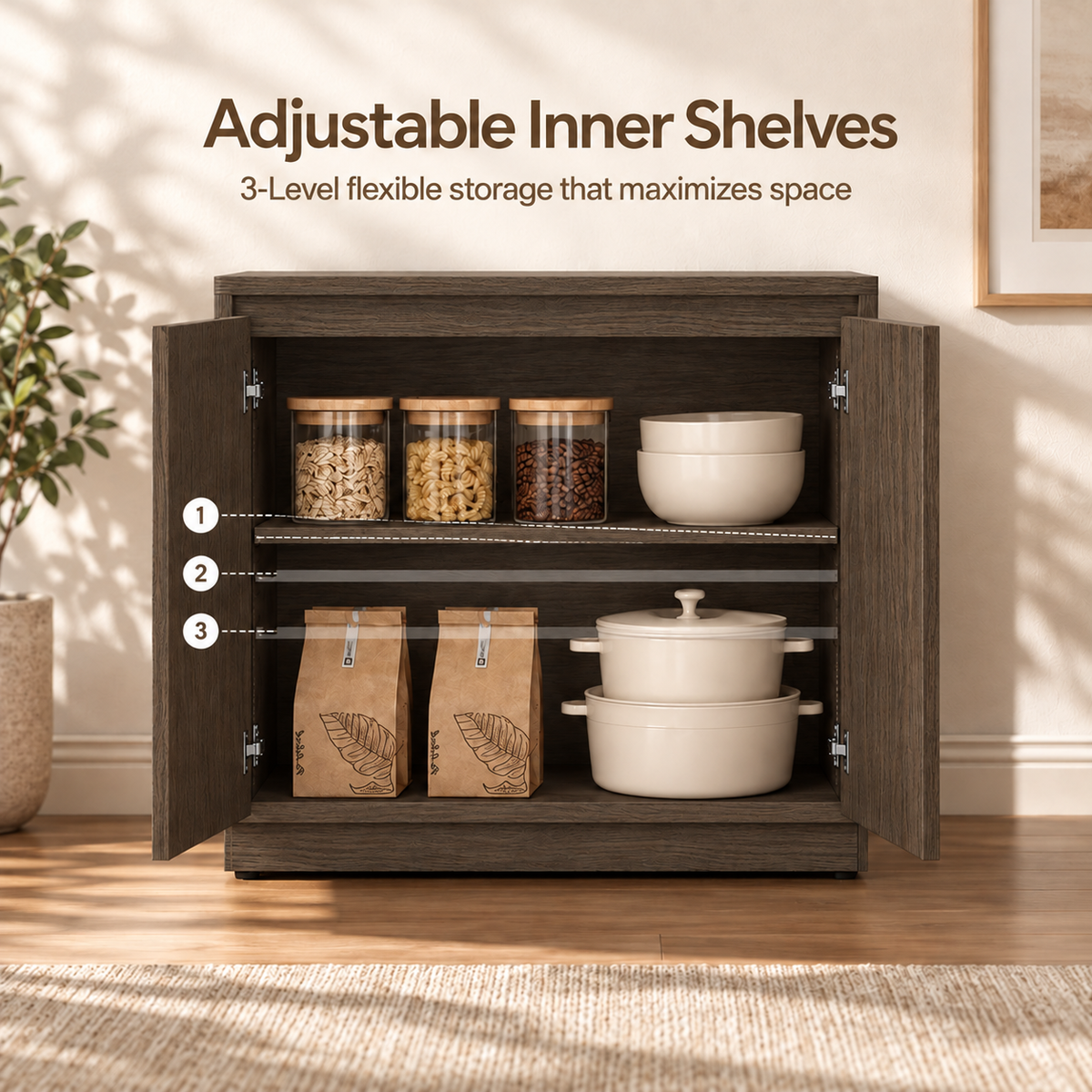 HLR 63'' Sideboard Buffet Cabinet, Mid-Century Wood Accent Cabinet with 4 Doors Storage for Living, Brown