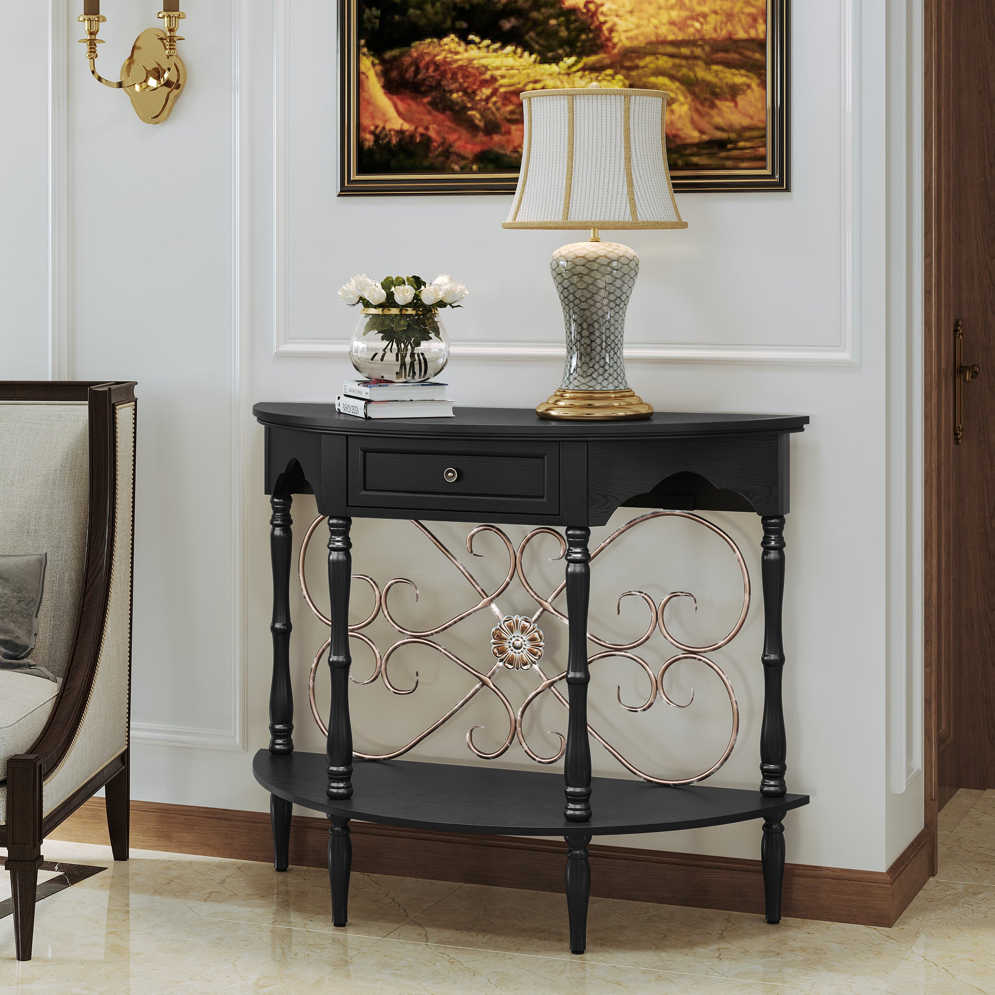 HLR 40" Mid Century Console Table with Drawer, Assembled Entryway Table with Storage for Hallway, Black