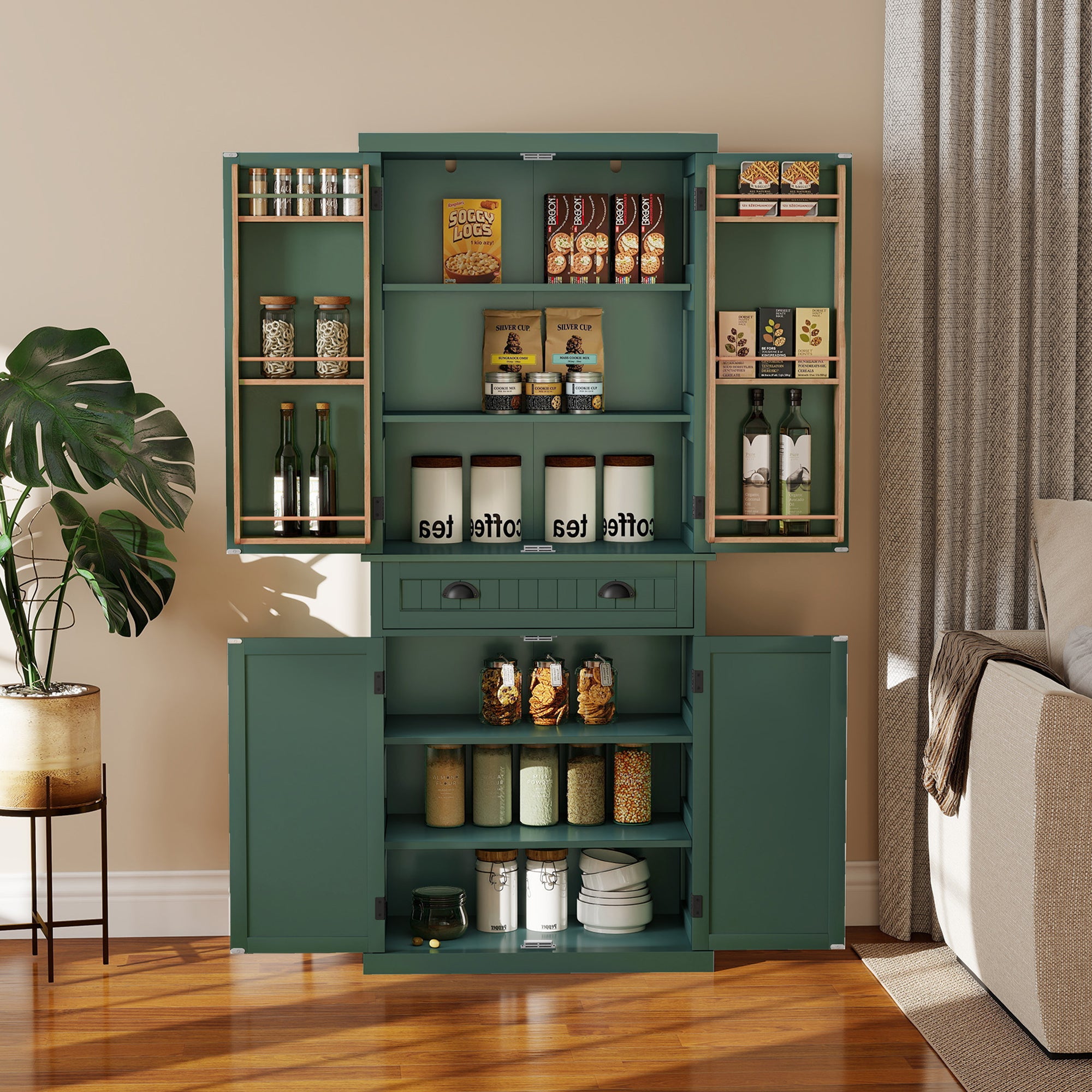 CBJCBJ 72" Wood Pantry Cabinet, 4 Adjustable Shelves and Central Drawer with Storage , Freestanding Kitchen Organizer for Dining Room（Green）