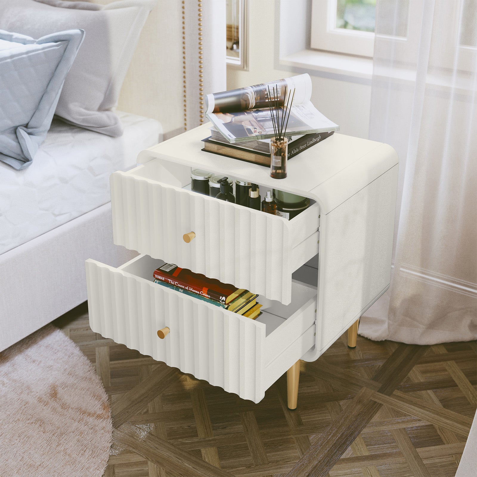 CBJCBJ Modern Bedroom Nightstand Set of 2, 20" Wood Bedside Table with 2 Drawers and Gold Handles, White