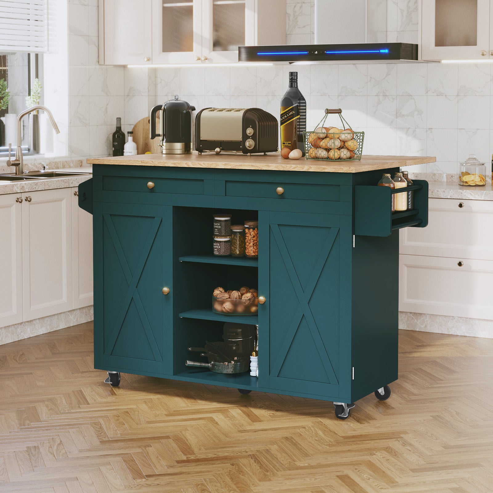 CBJCBJ 51.7" Rolling Kitchen Island Foldable, Adjustable Shelf & 2 Storage Doors - Mobile Kitchen Cart, Breakfast Bar with Storage (Green)
