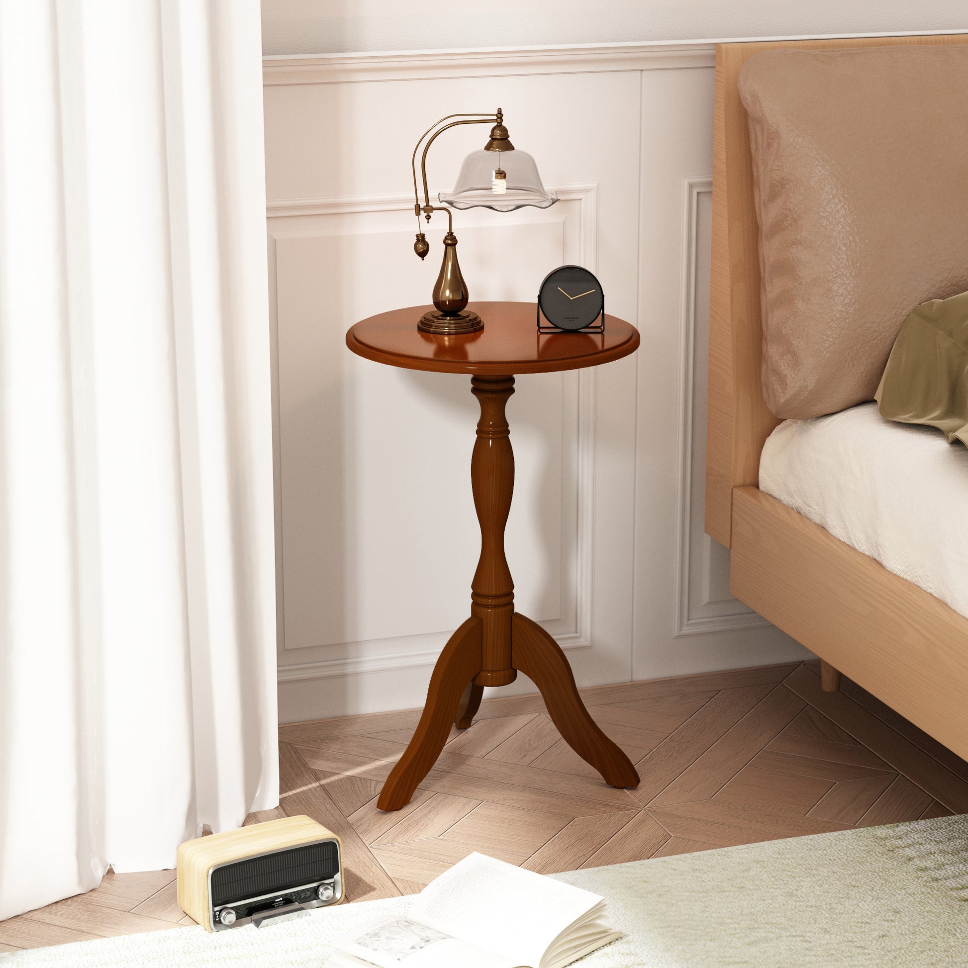 HLR Round Small End Table, Wooden Pedestal Side Coffee Tables, Vintage Accent Nightstand for Living Room, Bedroom, Entryway (2, Walnut)