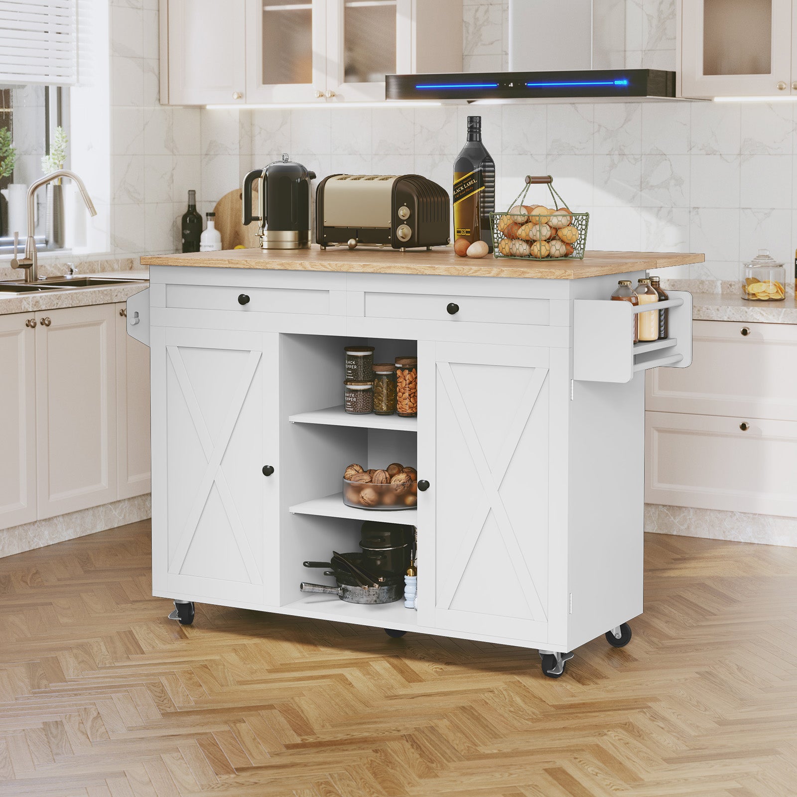 CBJCBJ 51.7" Rolling Kitchen Island Foldable, Adjustable Shelf & 2 Storage Doors - Mobile Kitchen Cart, Breakfast Bar with Storage (White)