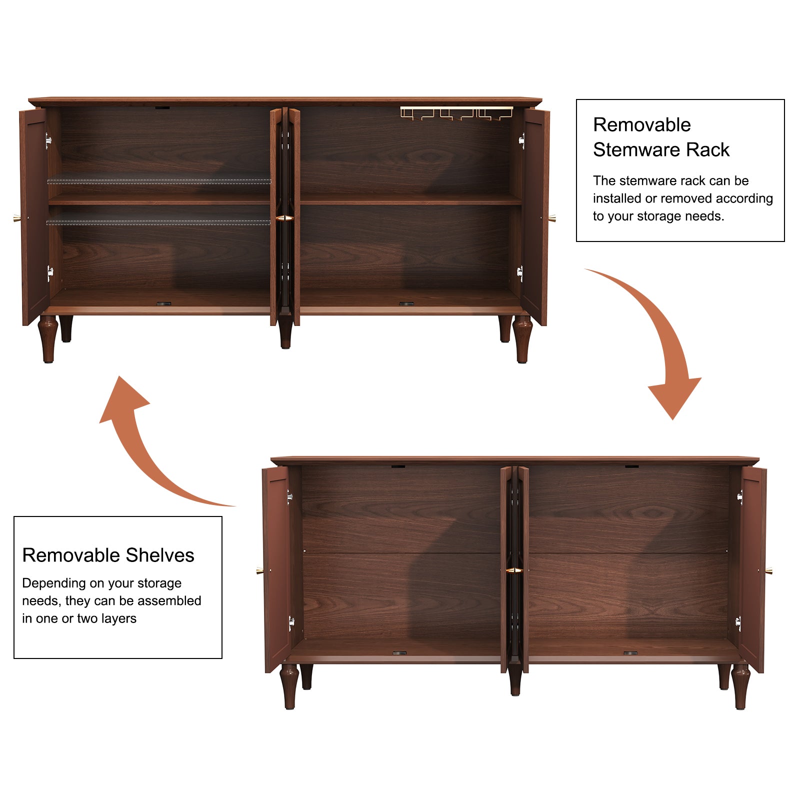 HLR Mid Century 58" Wood 4 Door Sideboard Buffet Cabinet with Storage for Living Dining (Brown)
