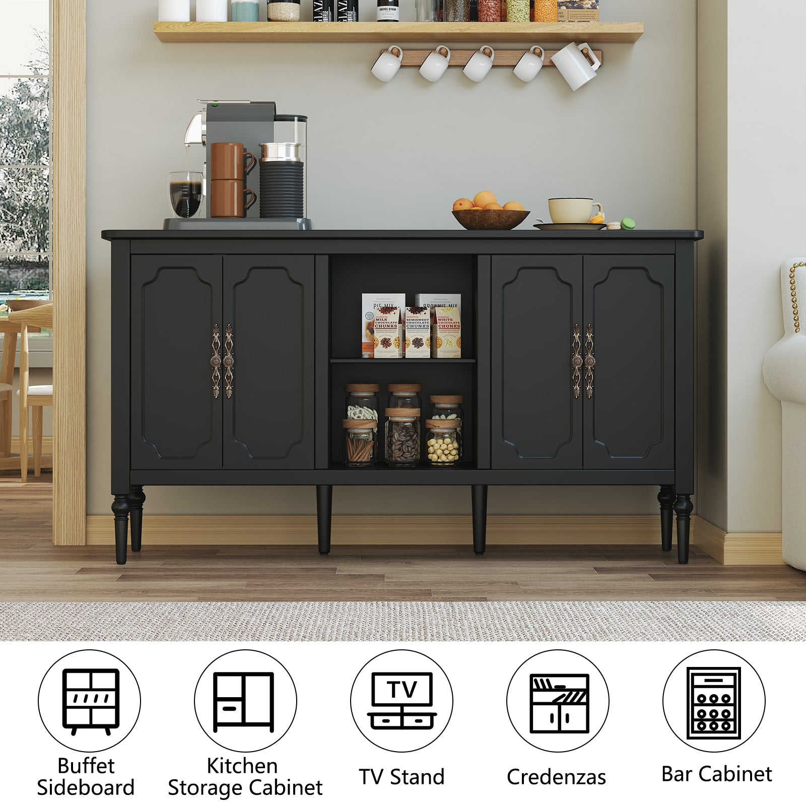 CBJCBJ 59" Mid-Century Storage Cabinet with Adjustable Shelves, Double-Layer Open Design for Living Room & Bedroom, Black