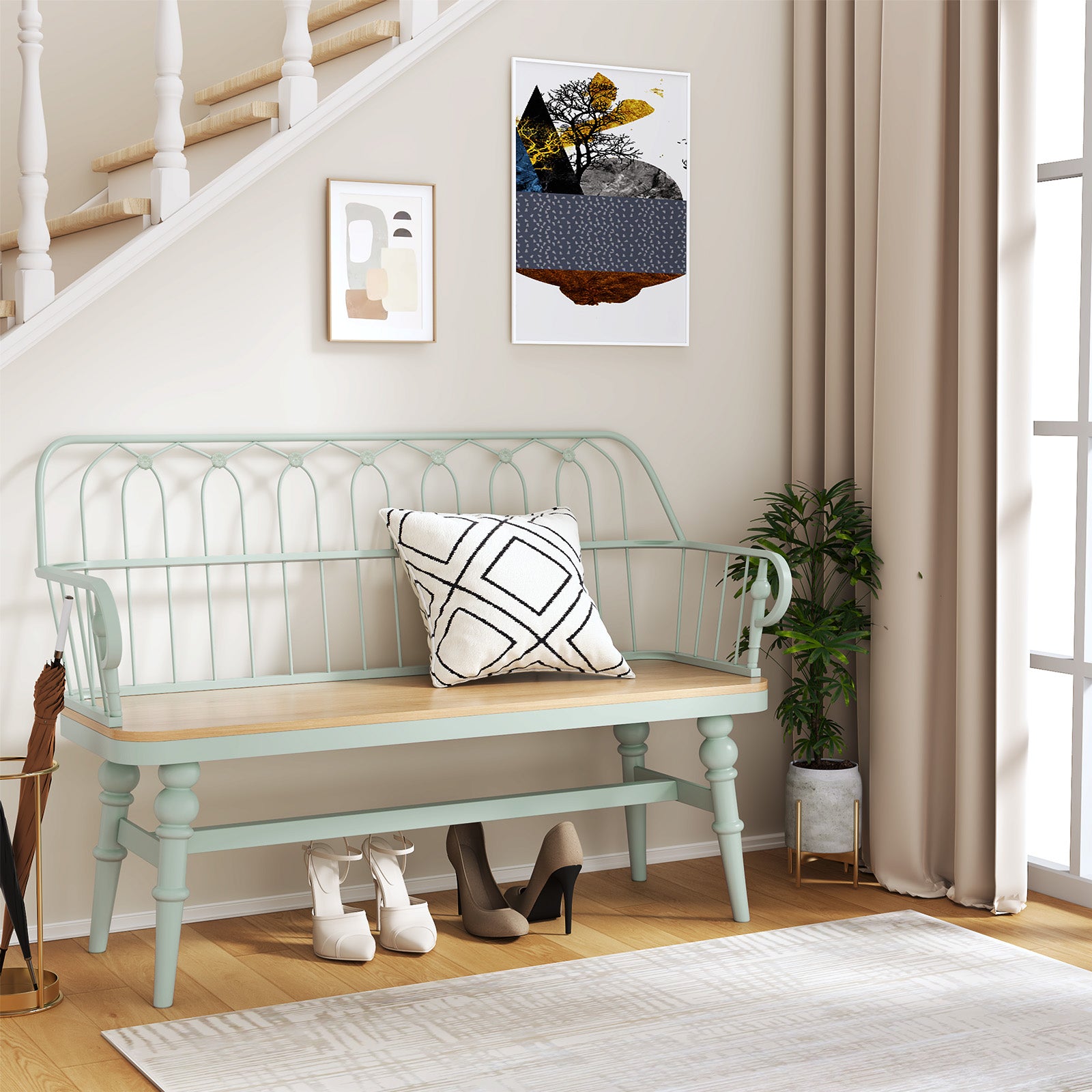 HLR Farmhouse Entryway Bench, Spindle Back Support Wood Dining Benches for Living Room, Mudroom, Green