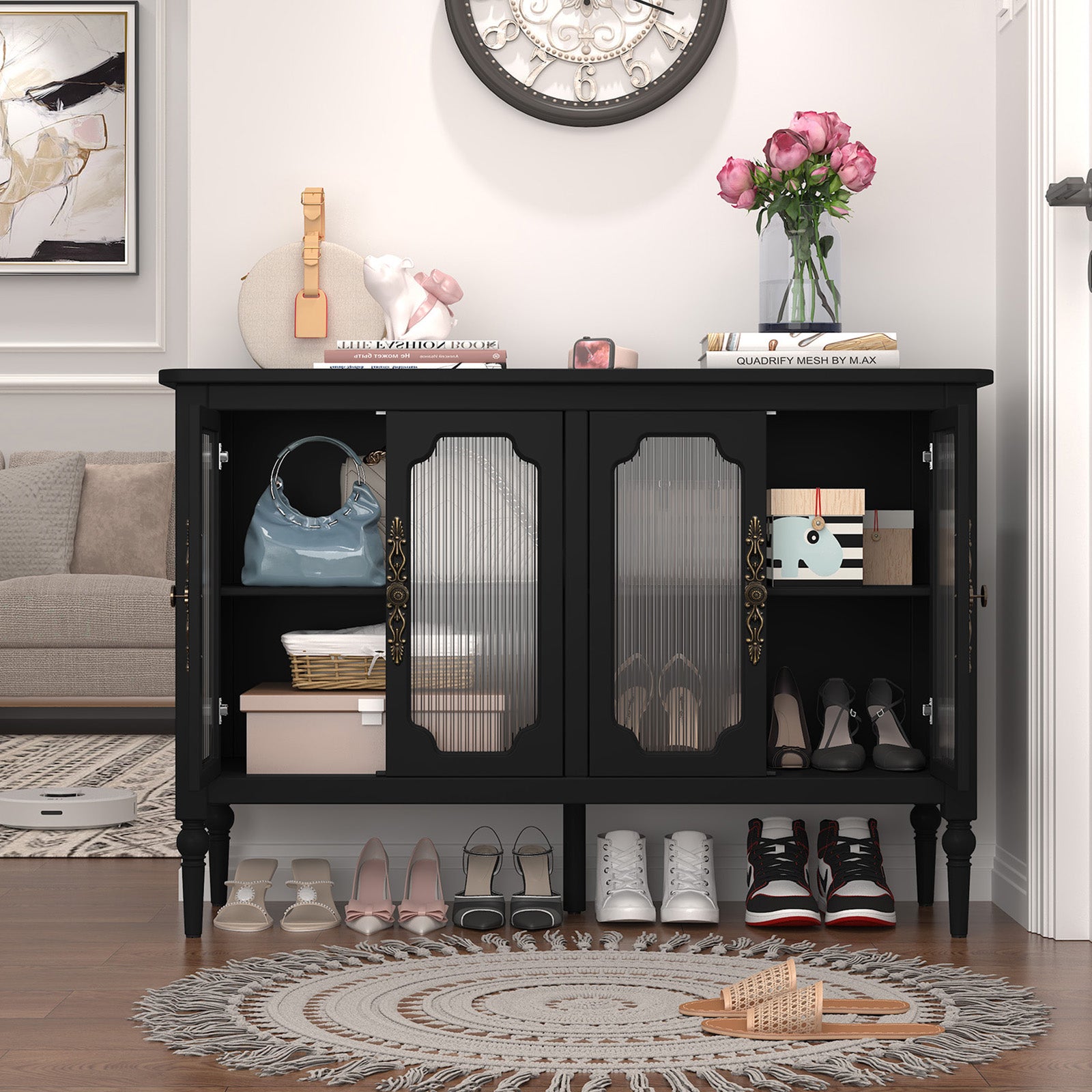 CBJCBJ 47" Retro 4 Door Buffet & Bar Cabinet, Sideboard Storage Cabinet for Dining Room, Black