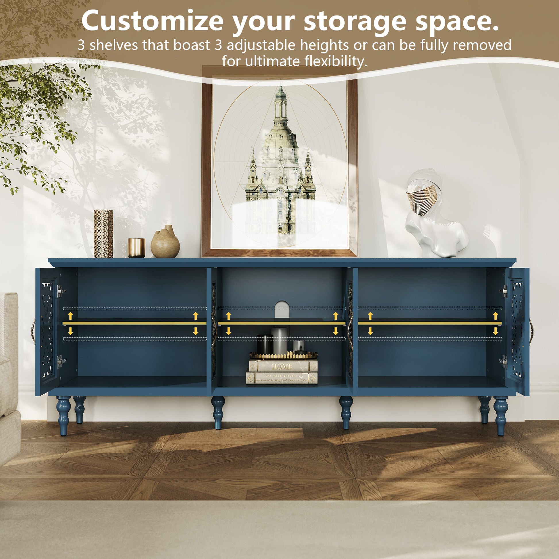 CBJCBJ Retro 67" TV Stand for TVs up to 75", Living Room Entertainment Center with 4 Door Storage Cabinet,Blue