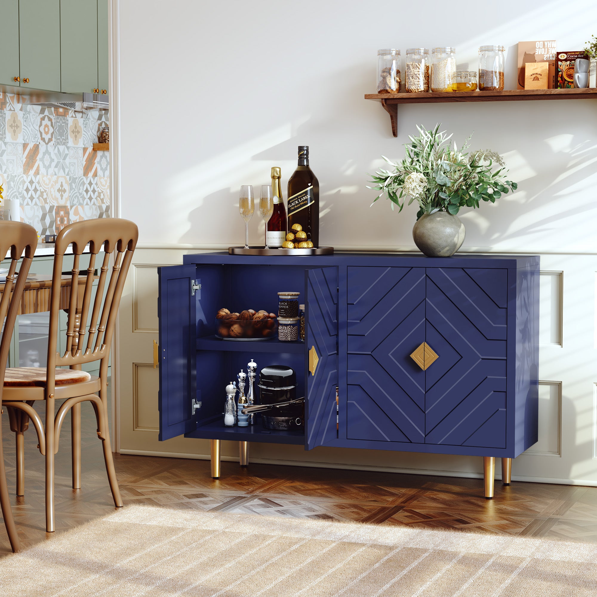 CBJCBJ 48" Modern Accent Sideboard Buffet Cabinet with 4 Doors & Shelves, Credenza for Living Room Storage,Blue