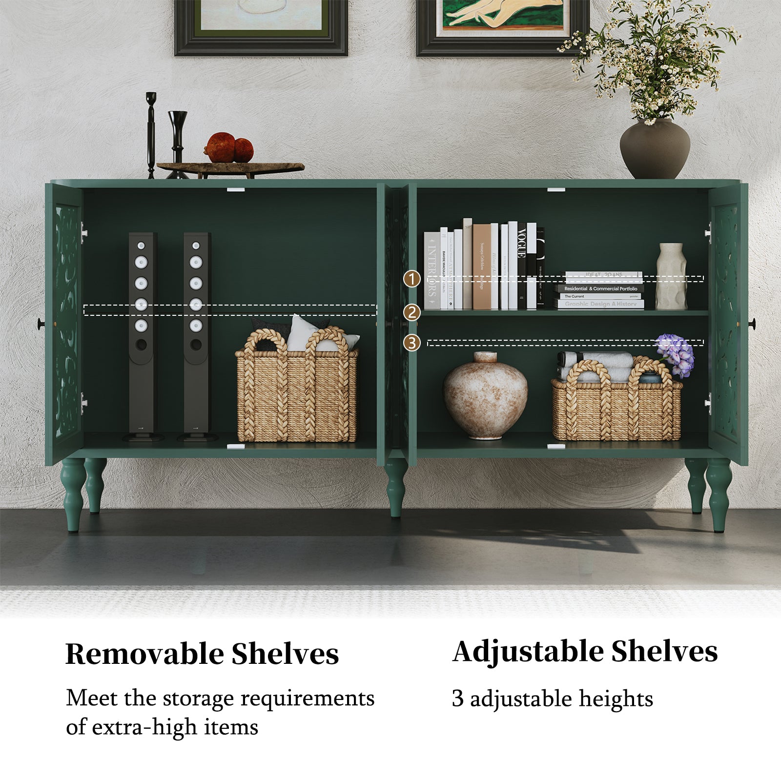 HLR 63" Mid Century Rounded Corners Sideboards Buffets Cabinet with 4 Doors Storage for Kitchen Dining, Green