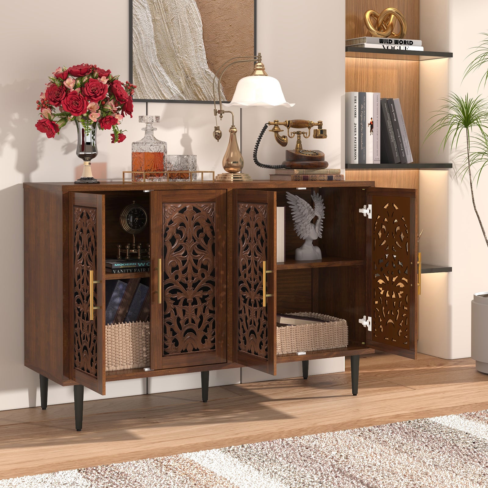 CBJCBJ 48″ Retro Storage Cabinet with 4 Doors, Hollow Carved Buffet Hutch for Living Room, Kitchen, Dining & Entryway, Vintage Decorative Organizer (BROWN)