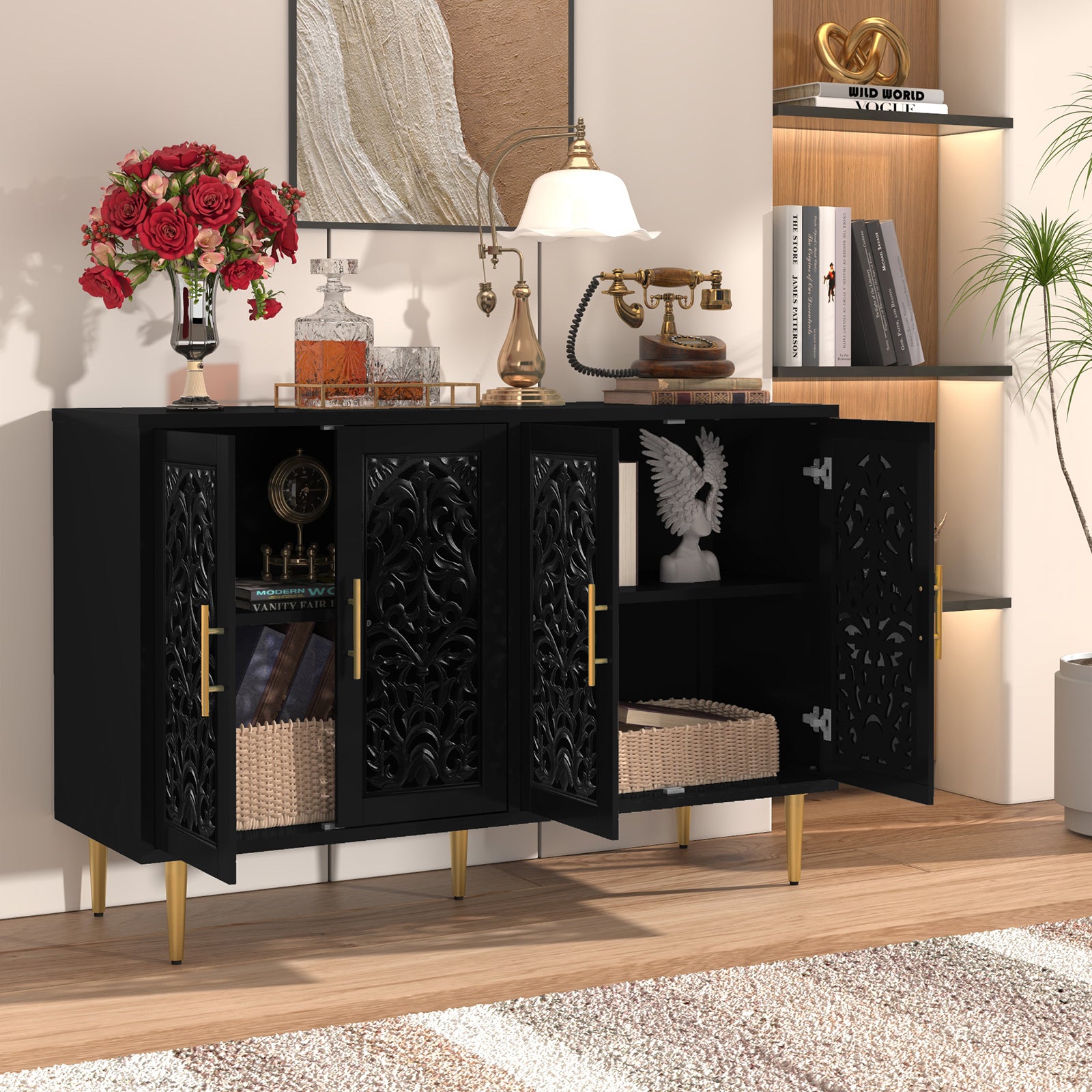 CBJCBJ 48″ Retro Storage Cabinet with 4 Doors, Hollow Carved Buffet Hutch for Living Room, Kitchen, Dining & Entryway, Vintage Decorative Organizer (Black)